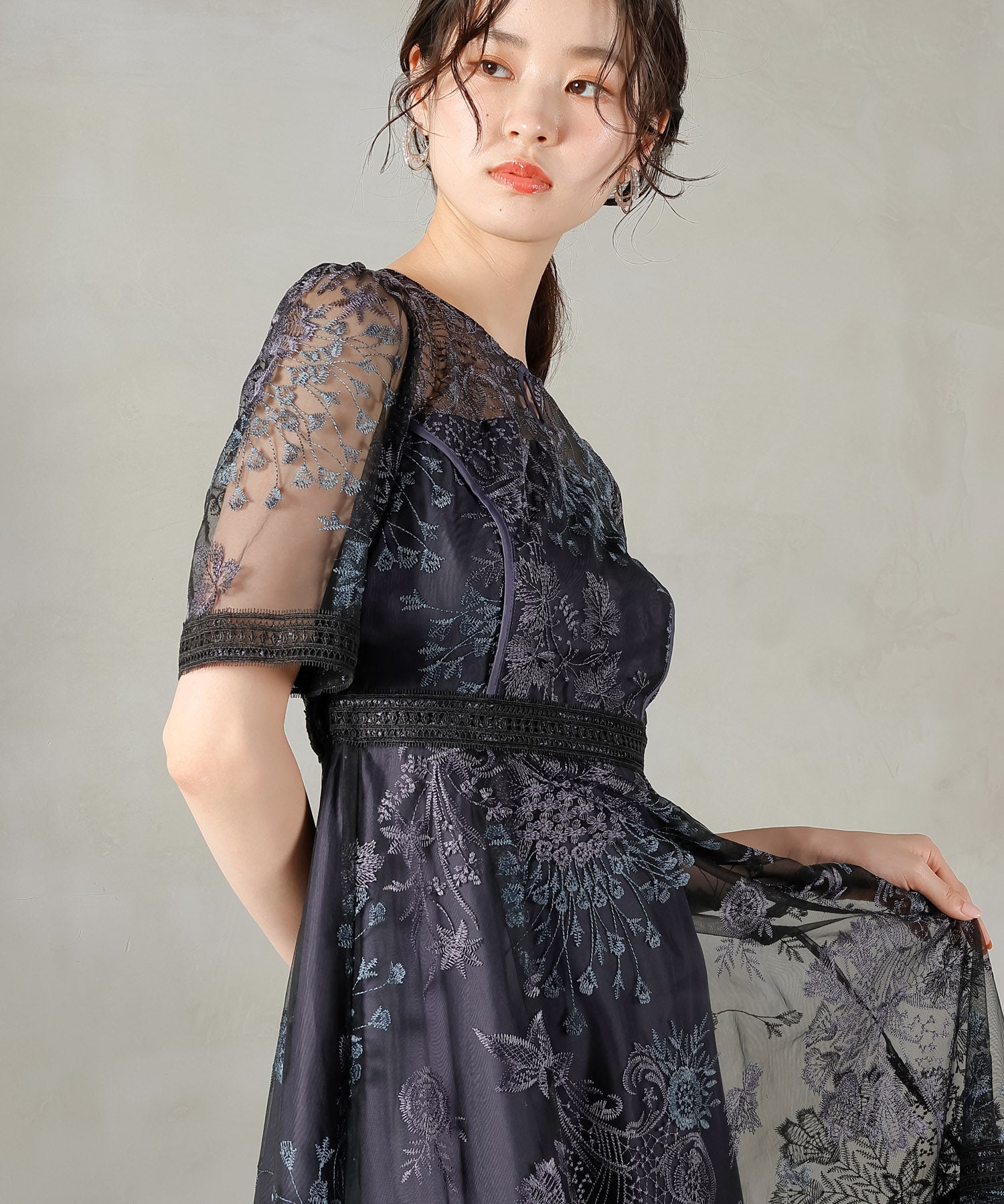 シック フラワー刺繍 ラダーレース フレア パーティー ドレス 結婚式 お呼ばれ オケージョン
