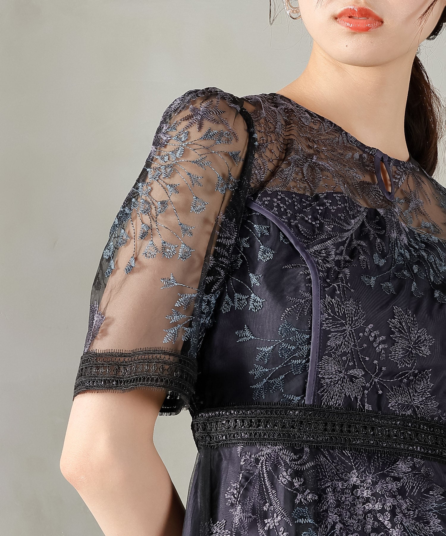 シック フラワー刺繍 ラダーレース フレア パーティー ドレス 結婚式 お呼ばれ オケージョン
