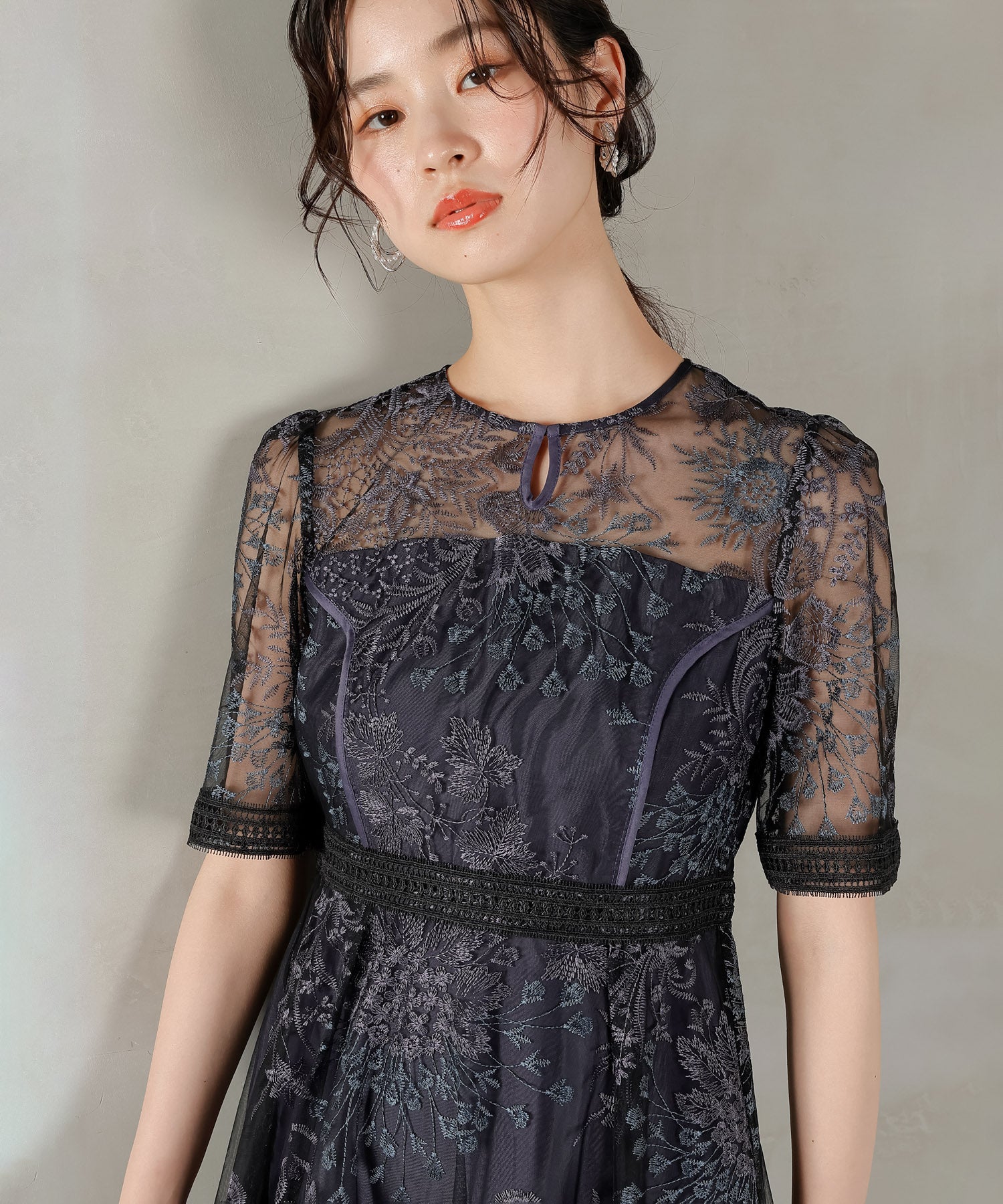 シック フラワー刺繍 ラダーレース フレア パーティー ドレス 結婚式 お呼ばれ オケージョン