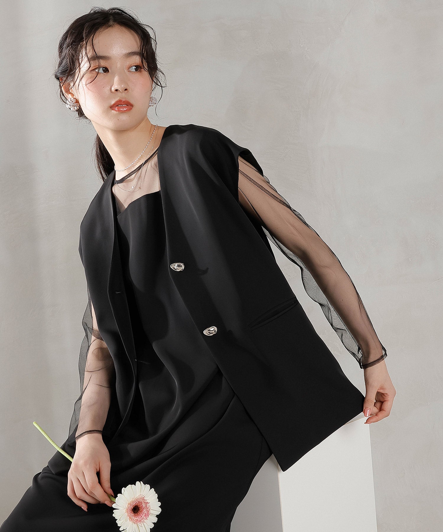 ジレ×レース フリルワンピース 2点セット パーティー ドレス