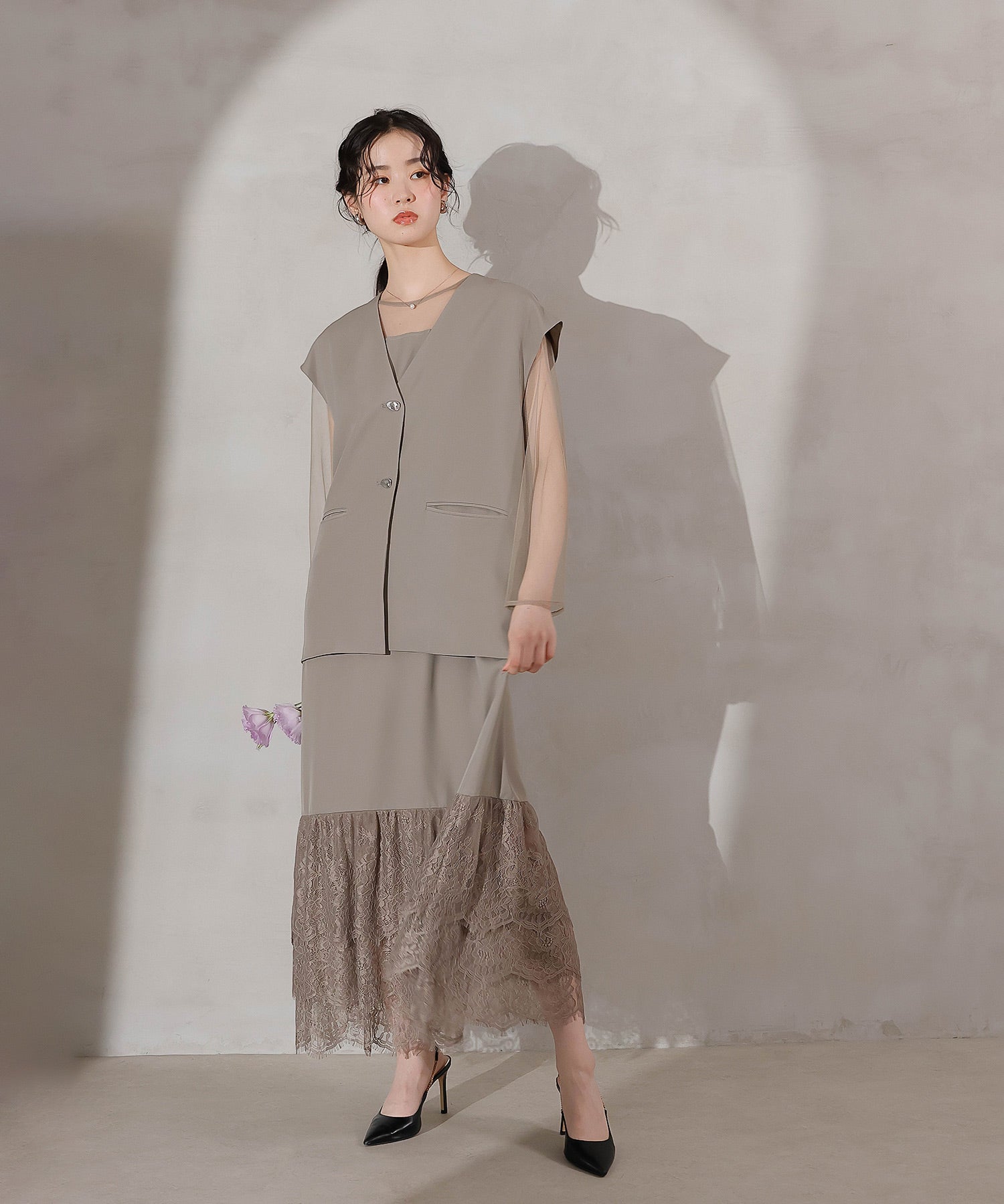 ジレ×レース フリルワンピース 2点セット パーティー ドレス