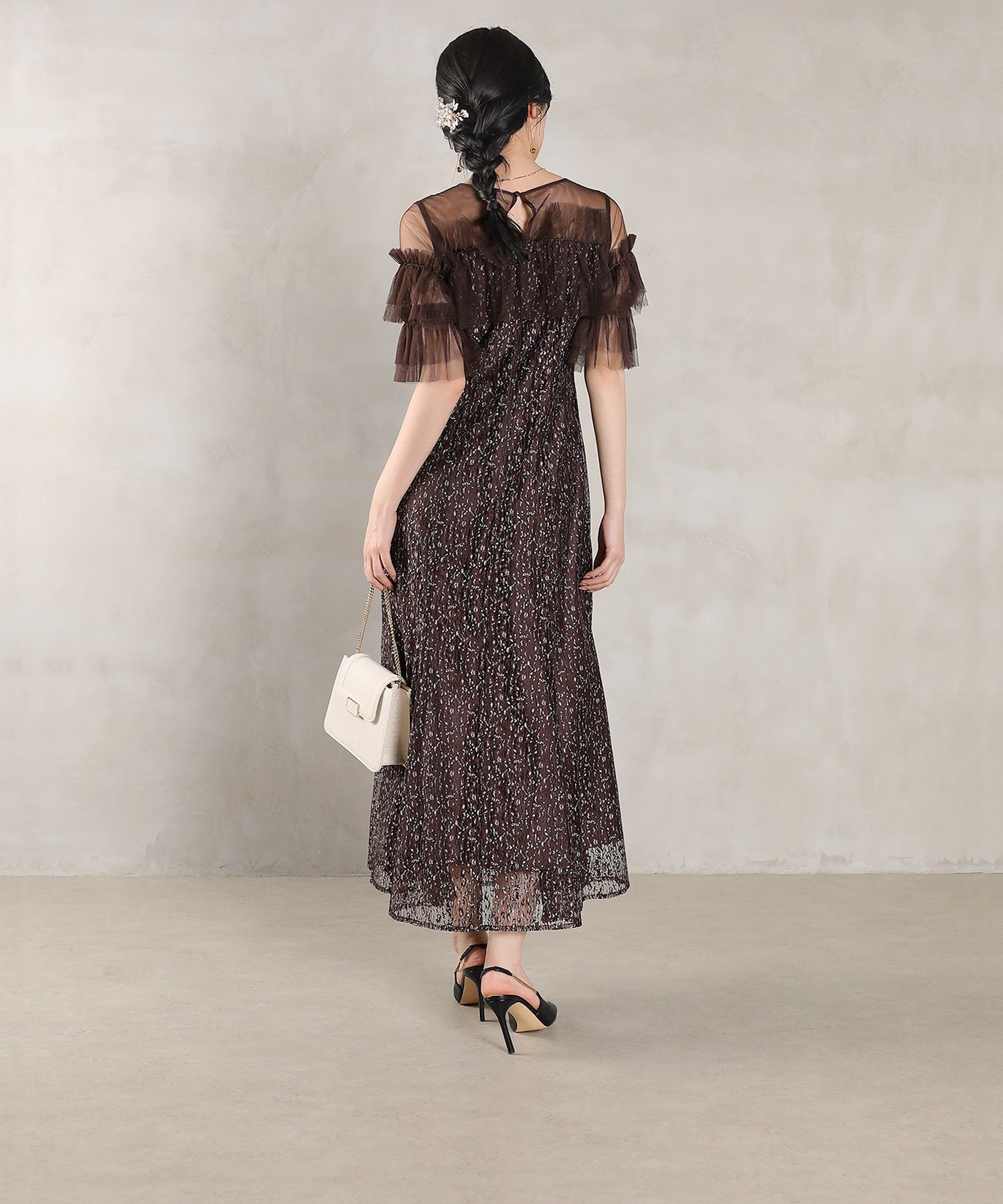 ラメチュールレース フリル Aライン ワンピースドレス