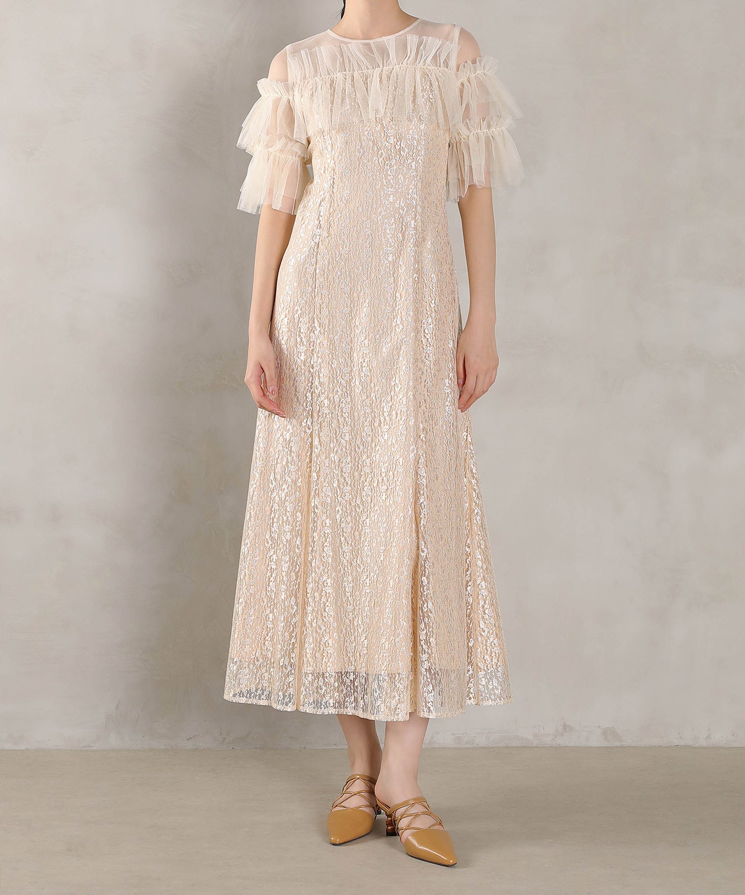 ラメチュールレース フリル Aライン ワンピースドレス