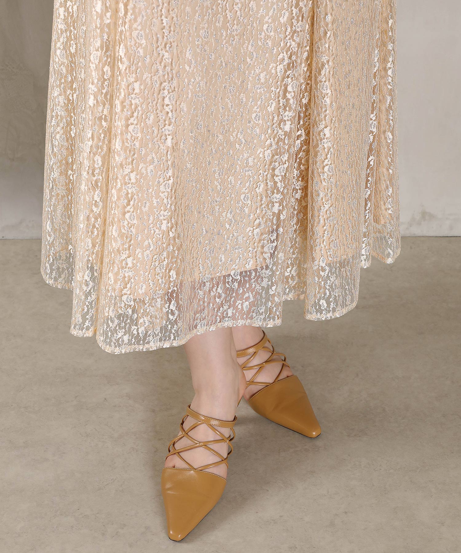 ラメチュールレース フリル Aライン ワンピースドレス