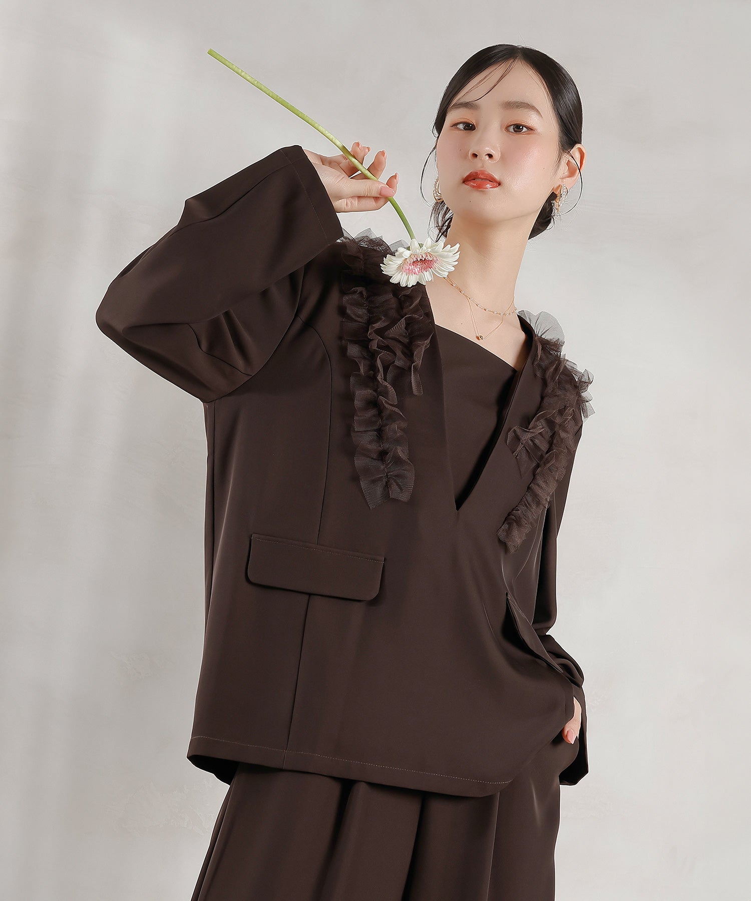 チュールフリル ジャケット ワイドパンツ 2点セット