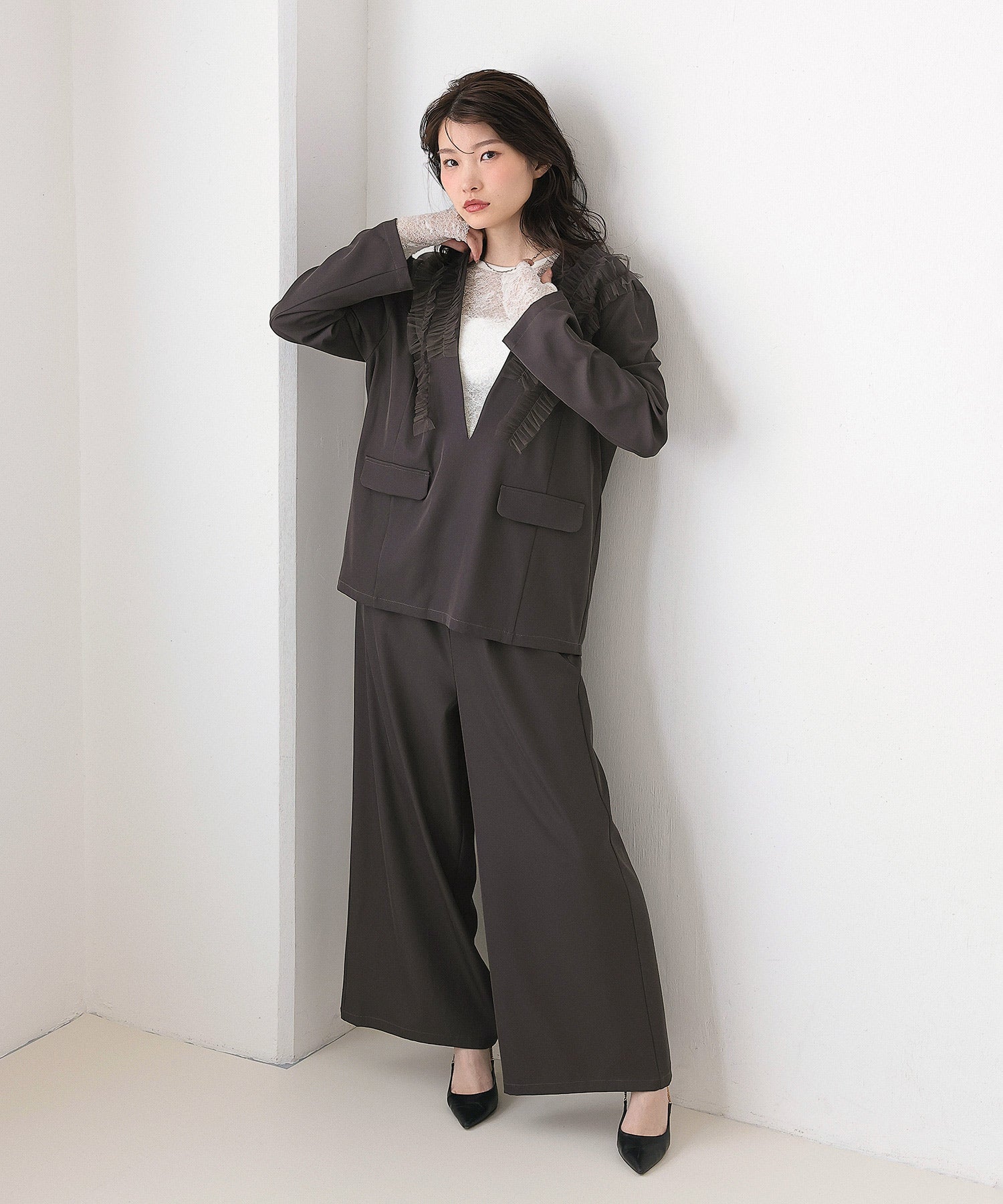 チュールフリル ジャケット ワイドパンツ 2点セット