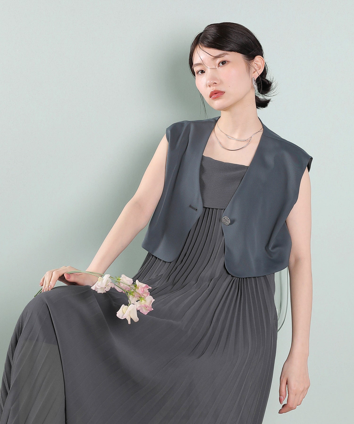 プリ―ツ Aライン ワンピース ジレ ジャケット 2点セット