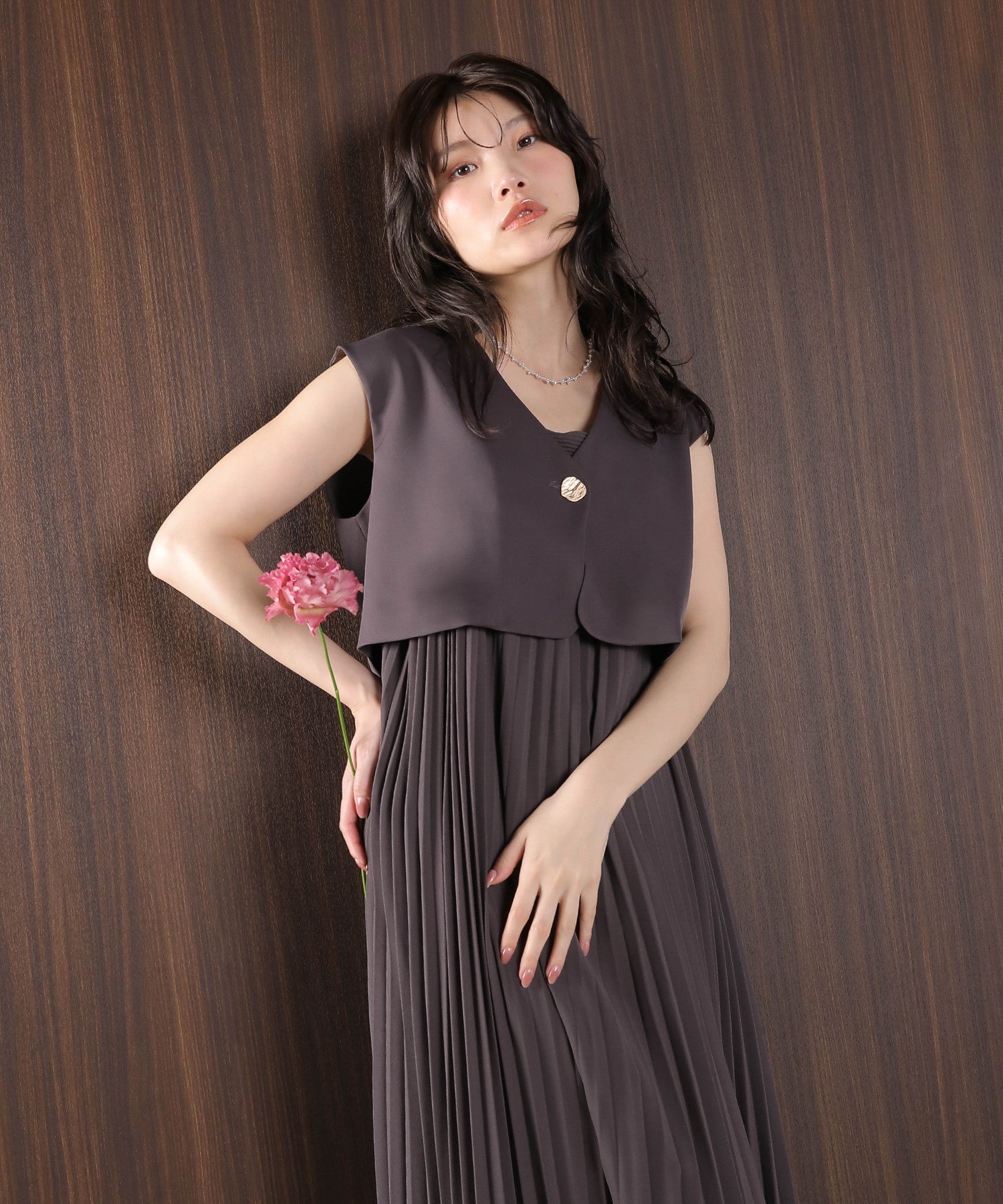 プリ―ツ Aライン ワンピース ジレ ジャケット 2点セット