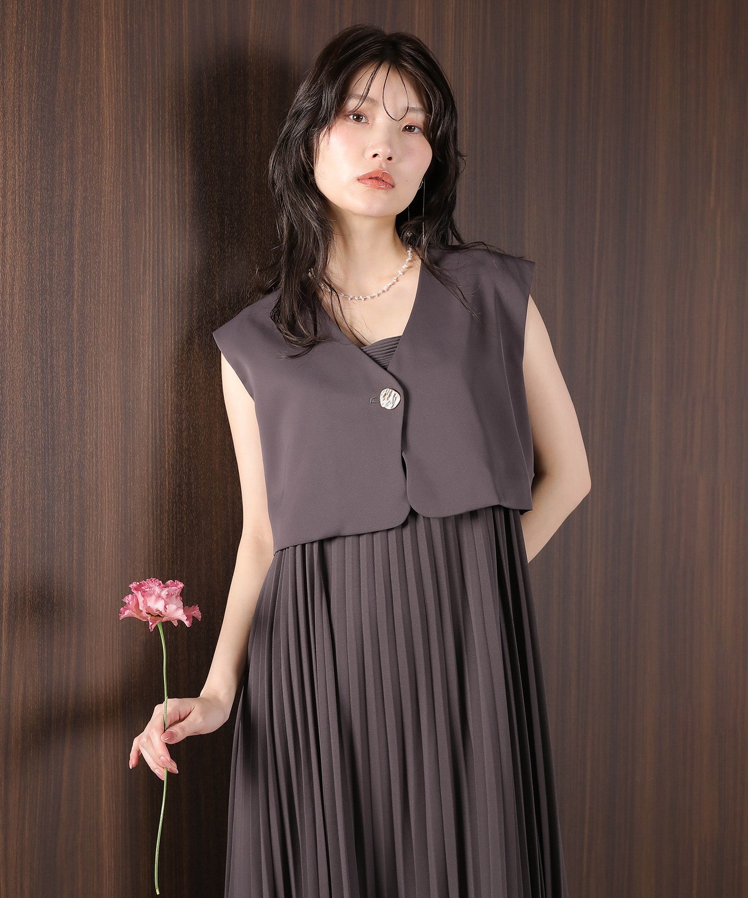 プリ―ツ Aライン ワンピース ジレ ジャケット 2点セット