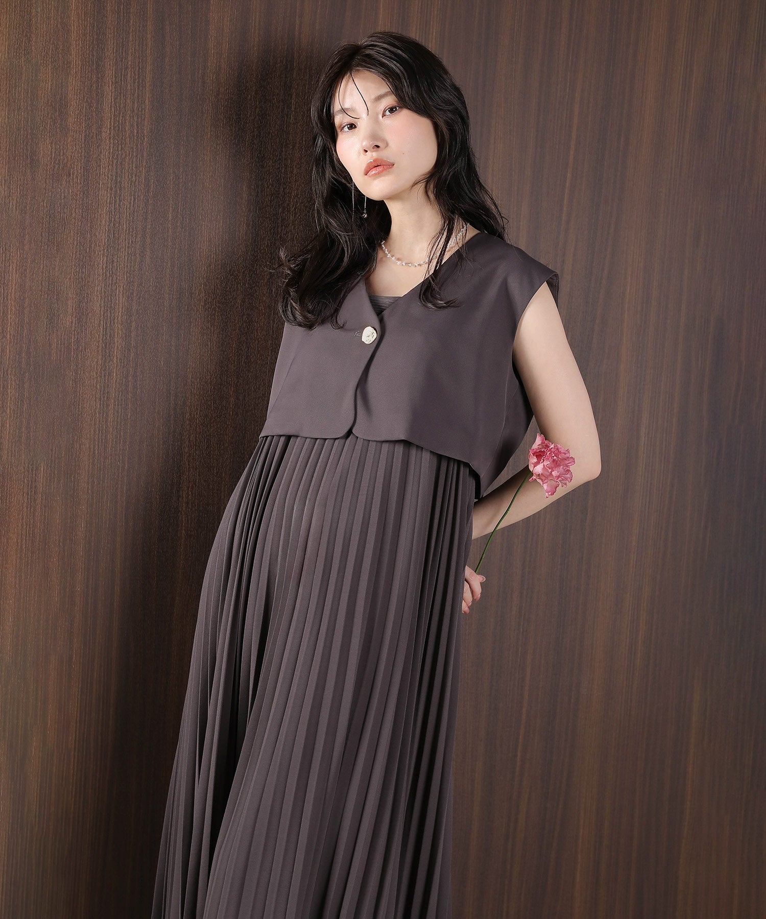 プリ―ツ Aライン ワンピース ジレ ジャケット 2点セット