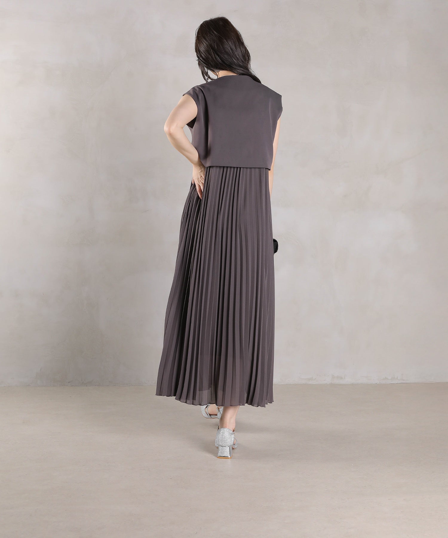 プリ―ツ Aライン ワンピース ジレ ジャケット 2点セット