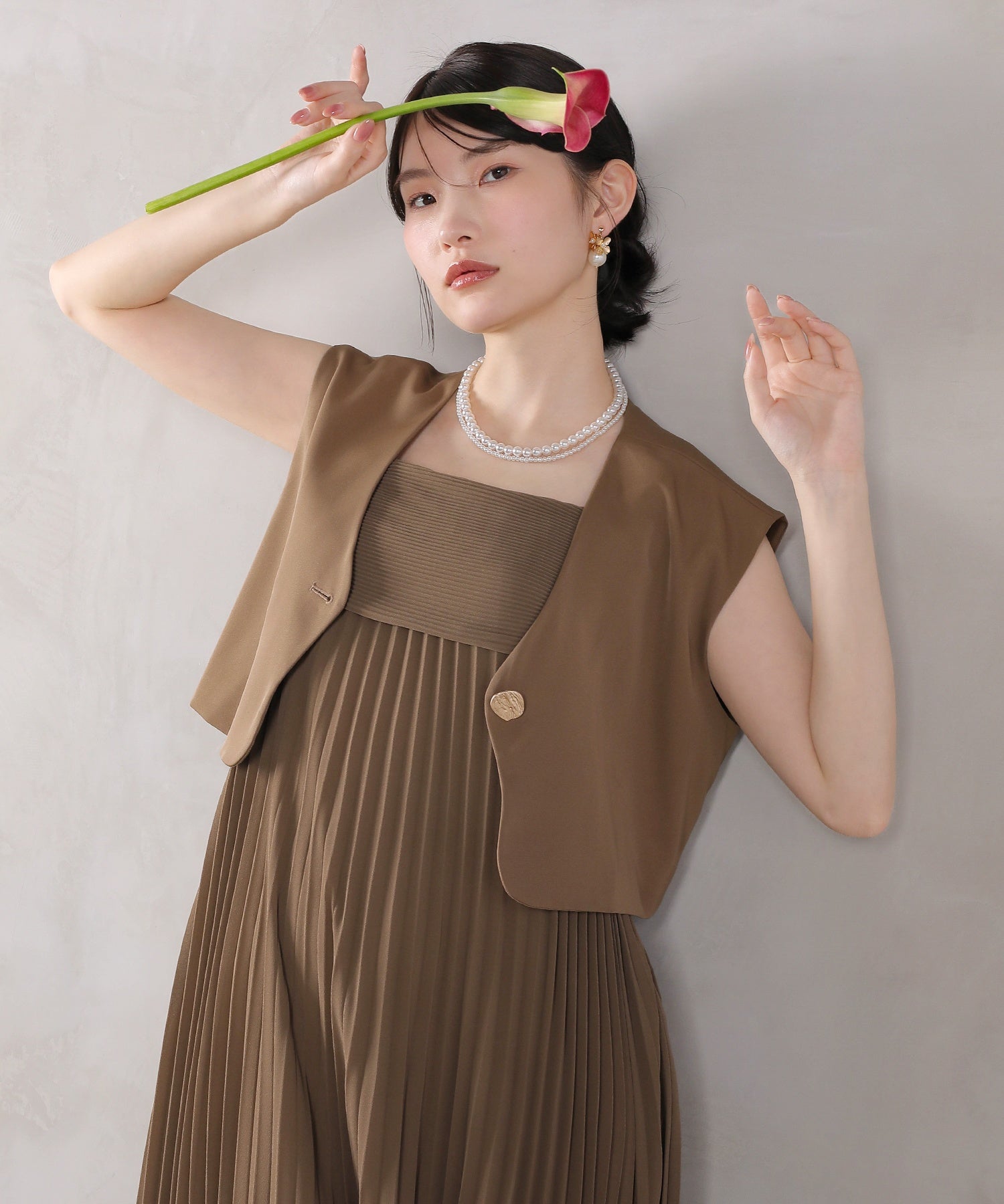 プリ―ツ Aライン ワンピース ジレ ジャケット 2点セット