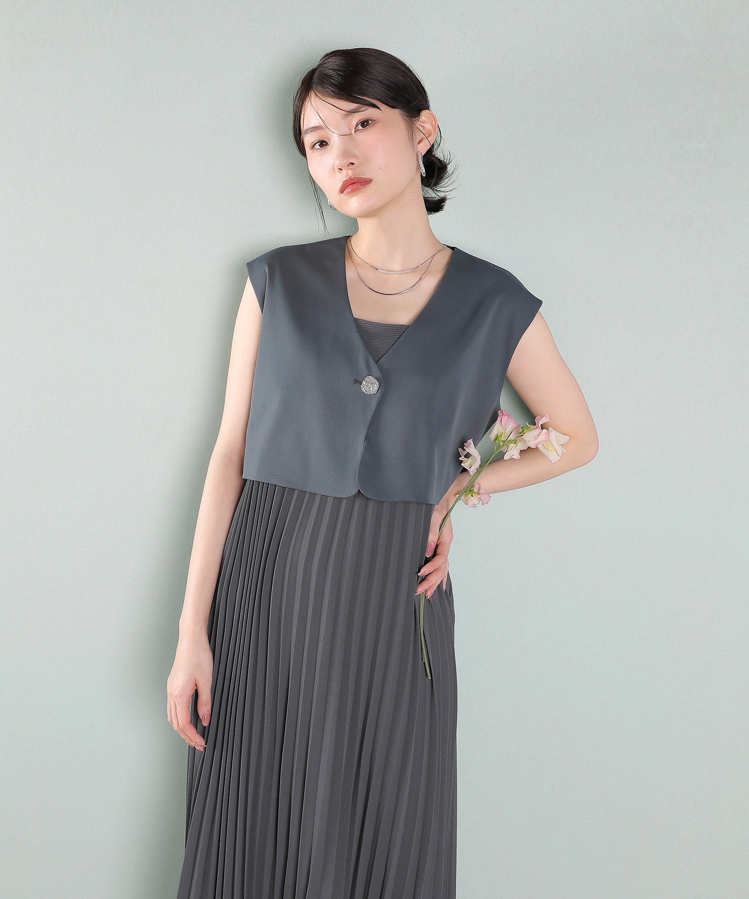 プリ―ツ Aライン ワンピース ジレ ジャケット 2点セット