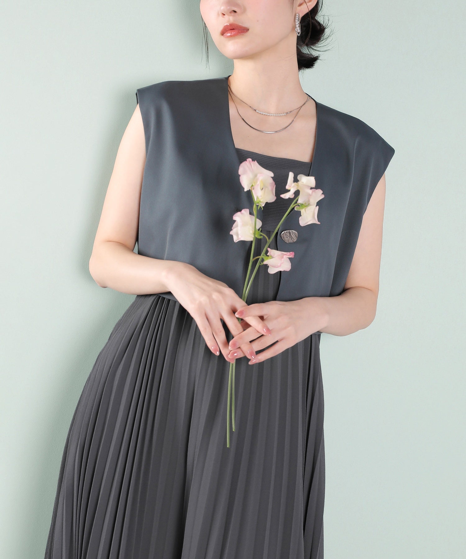 プリ―ツ Aライン ワンピース ジレ ジャケット 2点セット