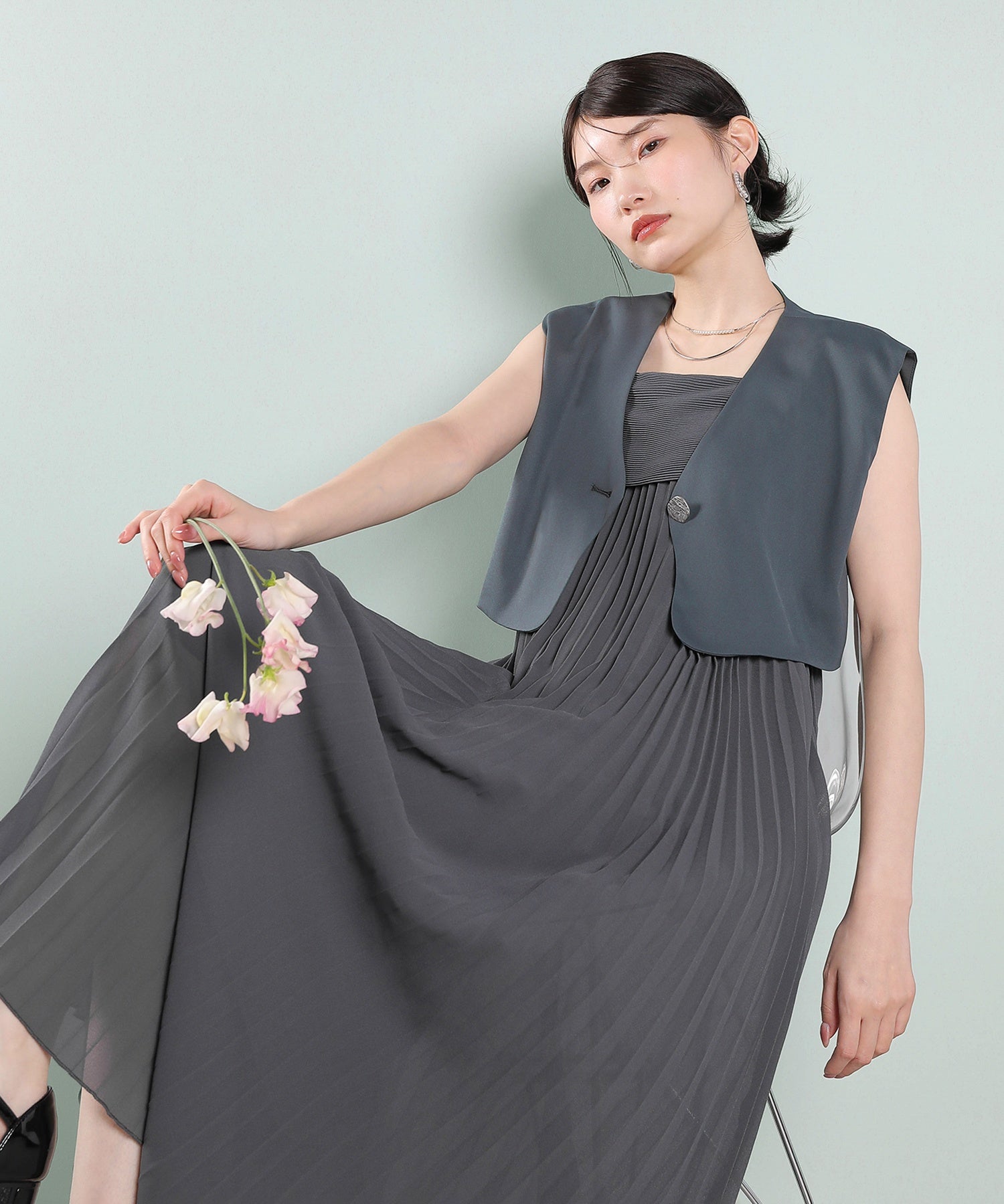 プリ―ツ Aライン ワンピース ジレ ジャケット 2点セット