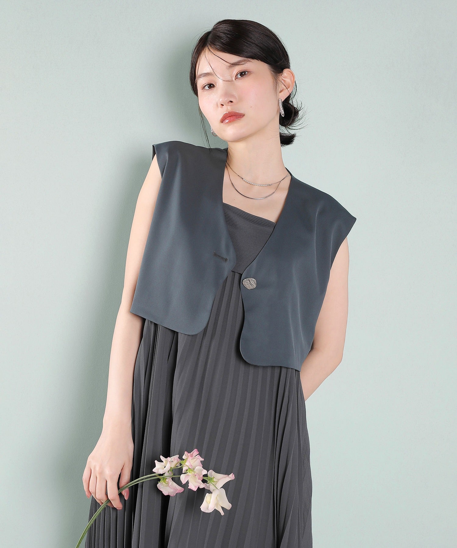 プリ―ツ Aライン ワンピース ジレ ジャケット 2点セット