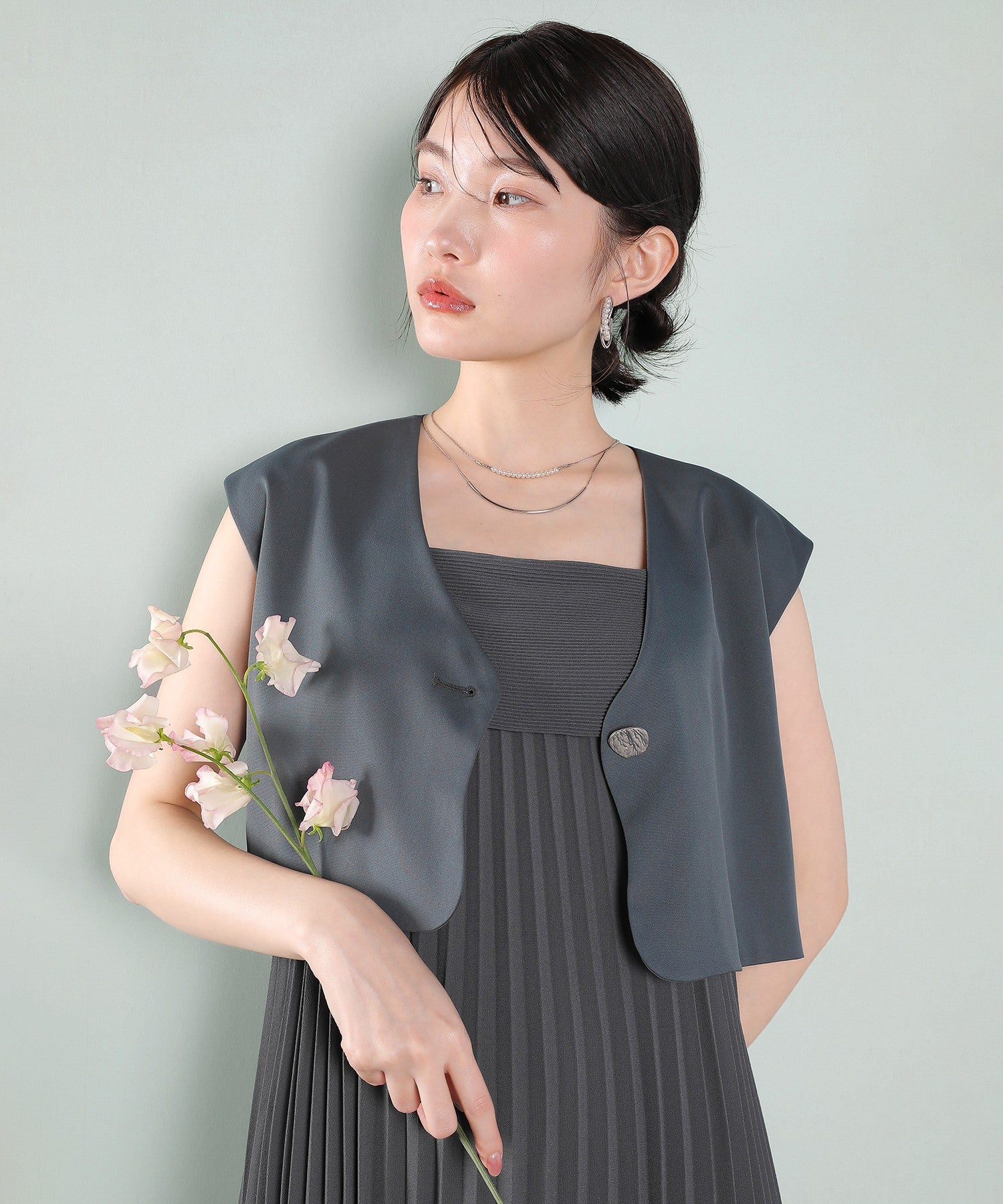 プリ―ツ Aライン ワンピース ジレ ジャケット 2点セット