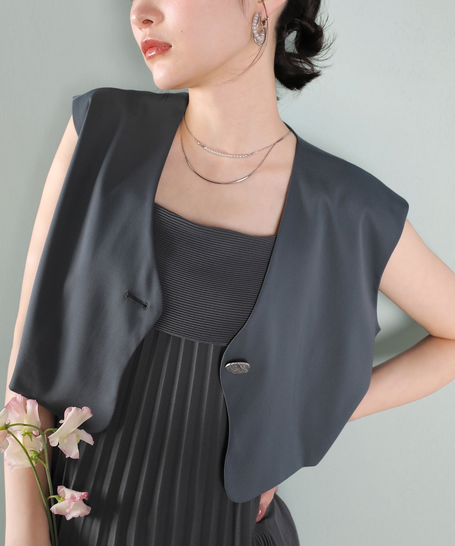 プリ―ツ Aライン ワンピース ジレ ジャケット 2点セット