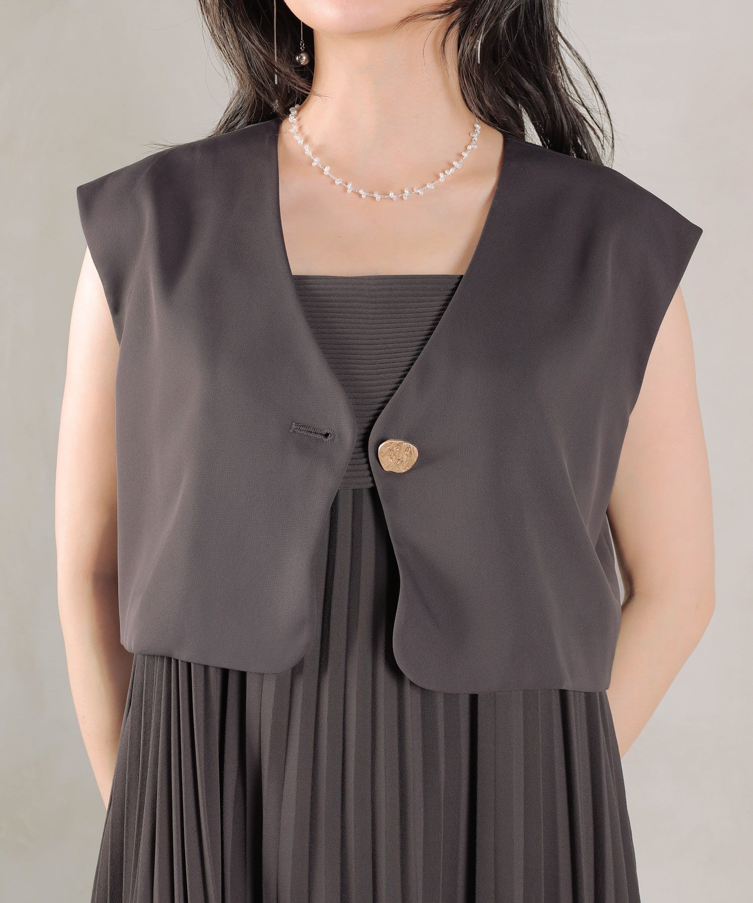 プリ―ツ Aライン ワンピース ジレ ジャケット 2点セット