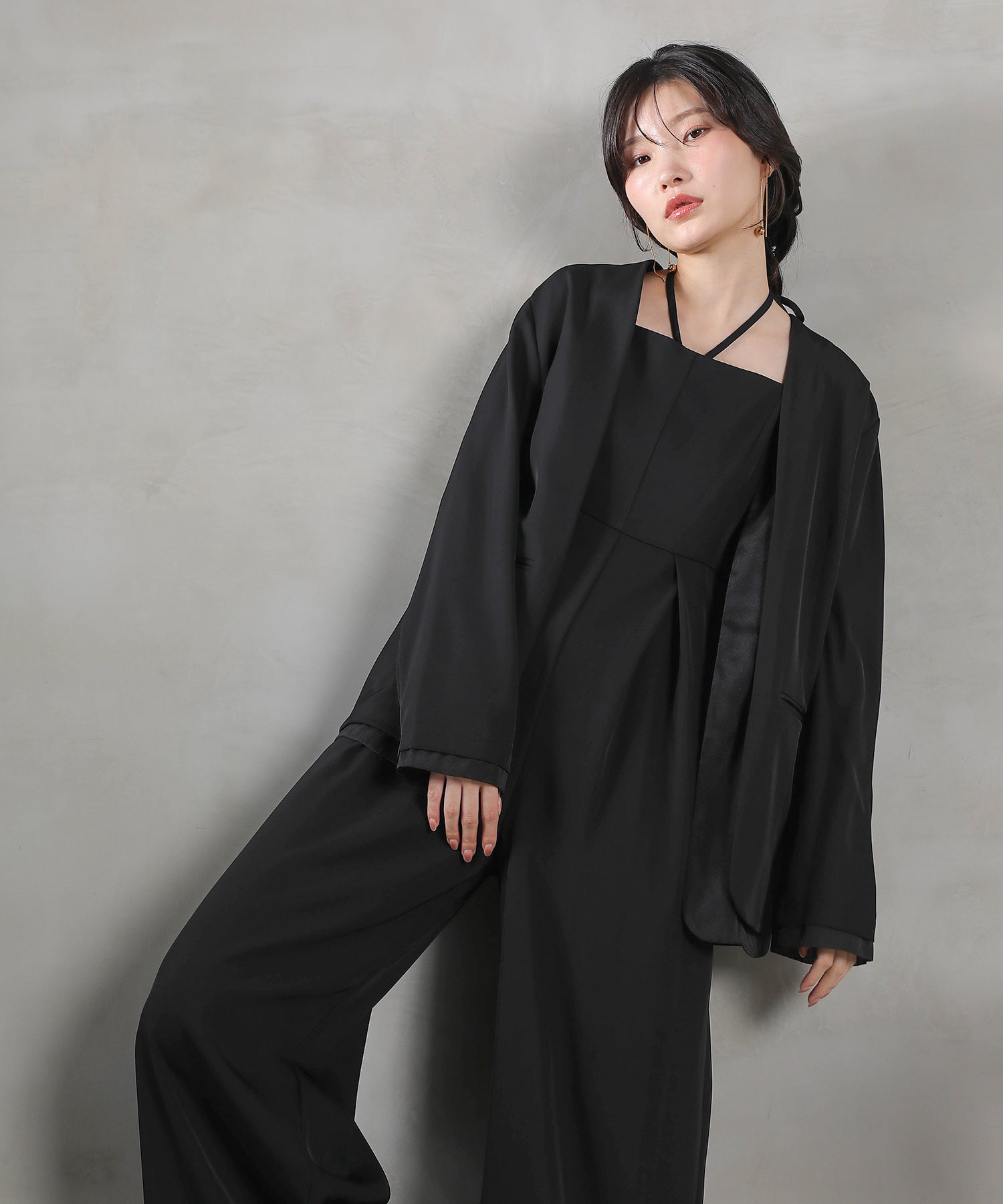 フロントシアージャケットワイドパンツオールインワンセットアップ