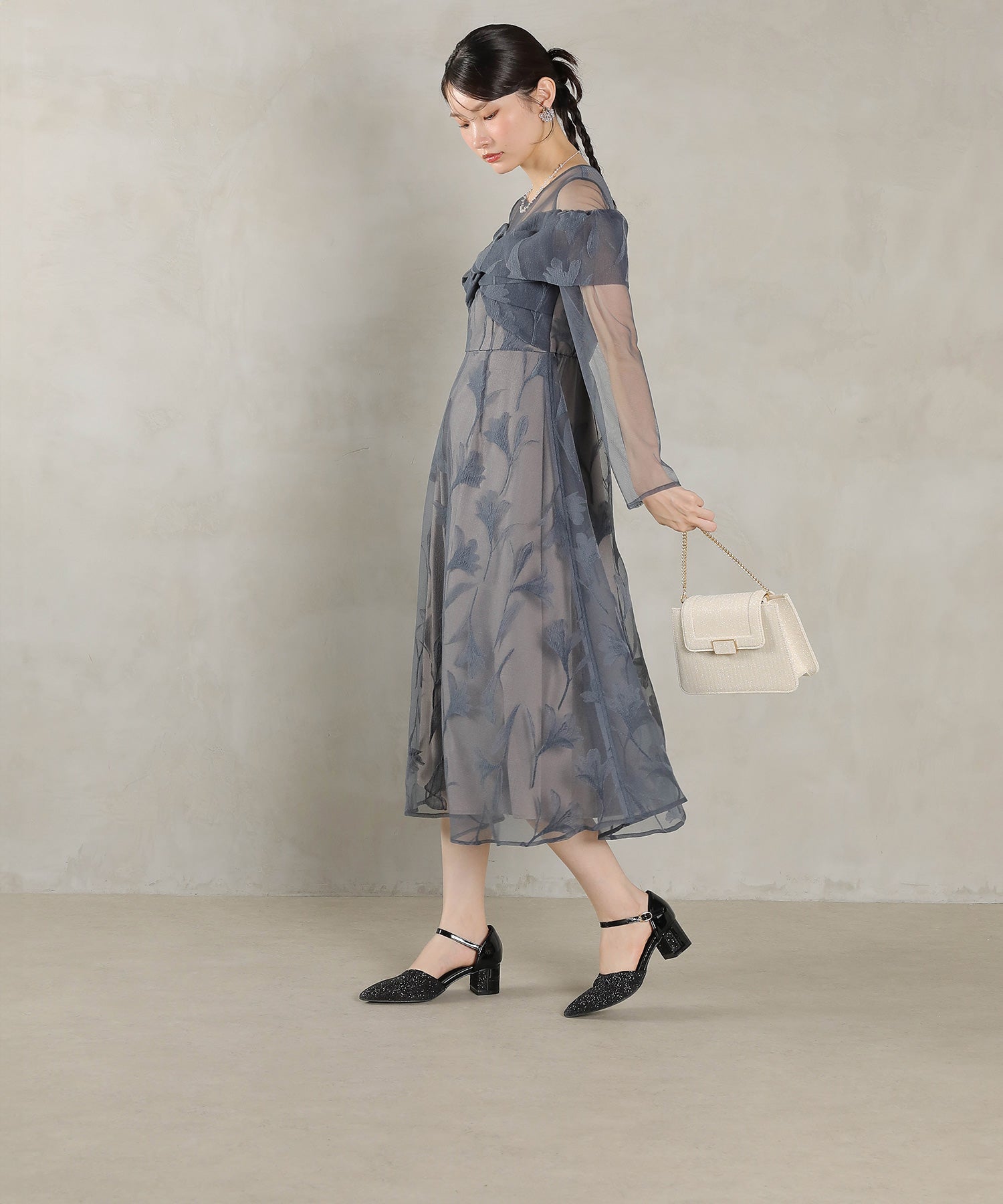 フロッキーレース チュール ボリュームデザイン Aライン ワンピース ドレスパーティー 結婚式 お呼ばれ オケージョン