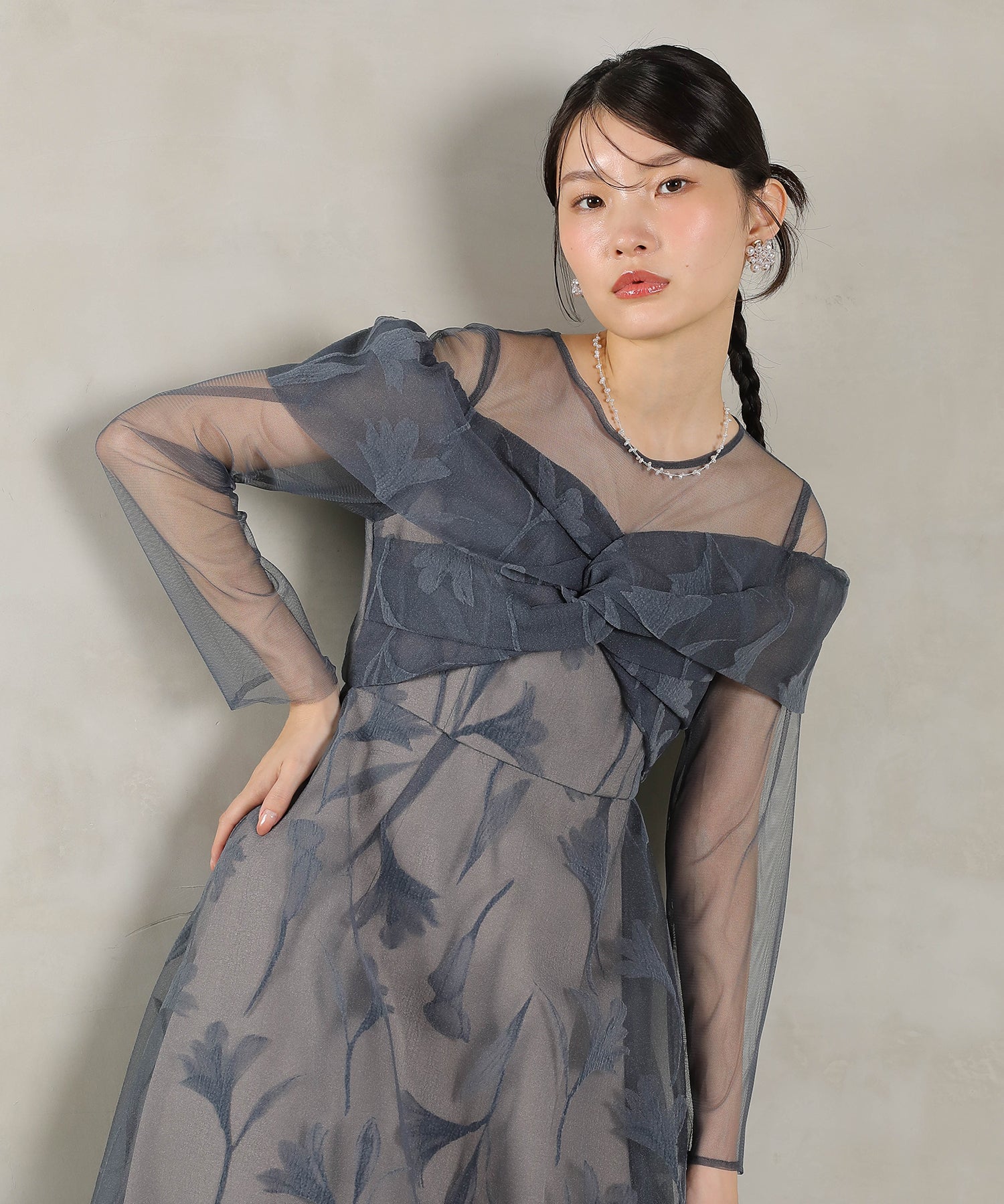 フロッキーレース チュール ボリュームデザイン Aライン ワンピース ドレスパーティー 結婚式 お呼ばれ オケージョン