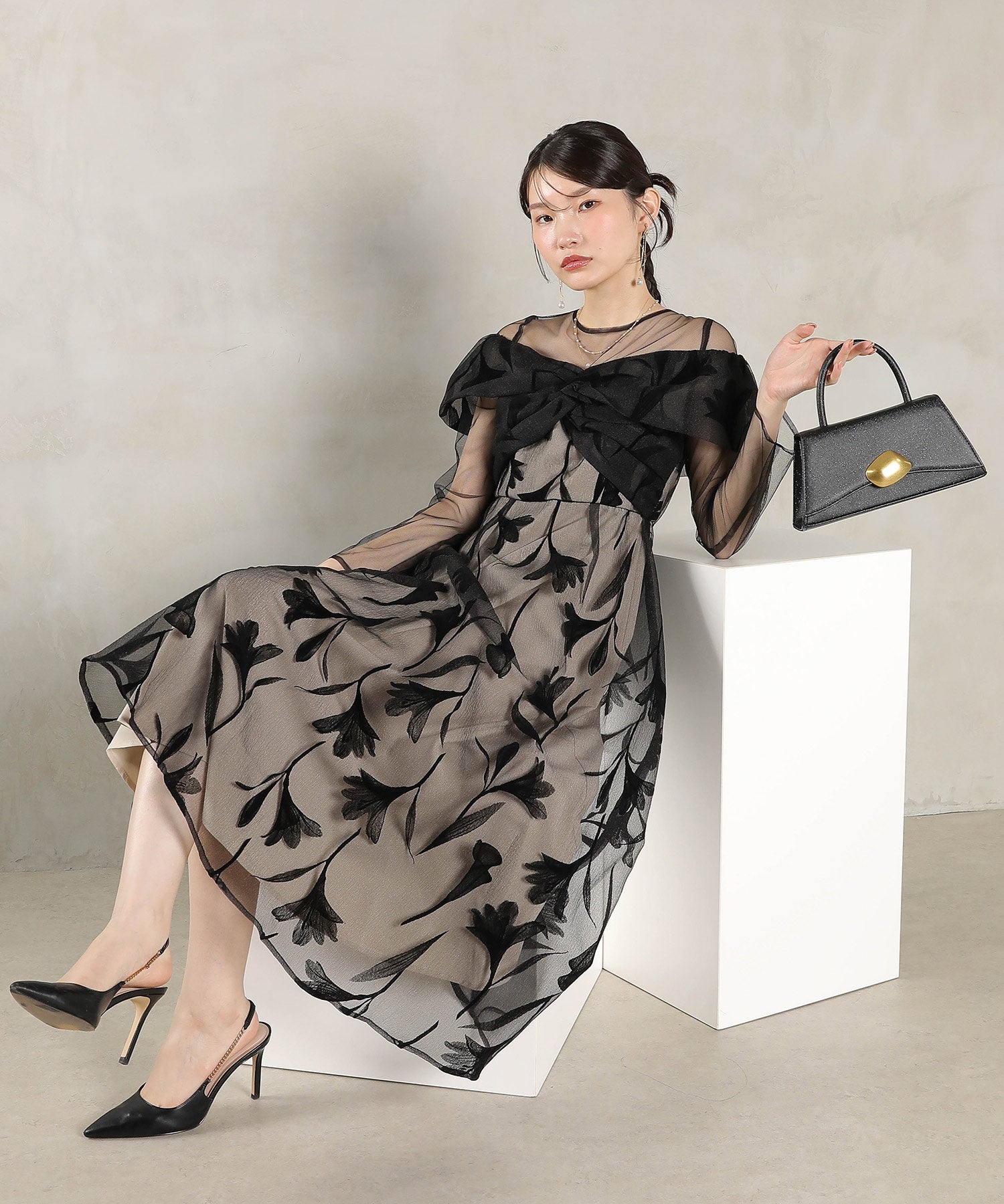 フロッキーレース チュール ボリュームデザイン Aライン ワンピース ドレスパーティー 結婚式 お呼ばれ オケージョン