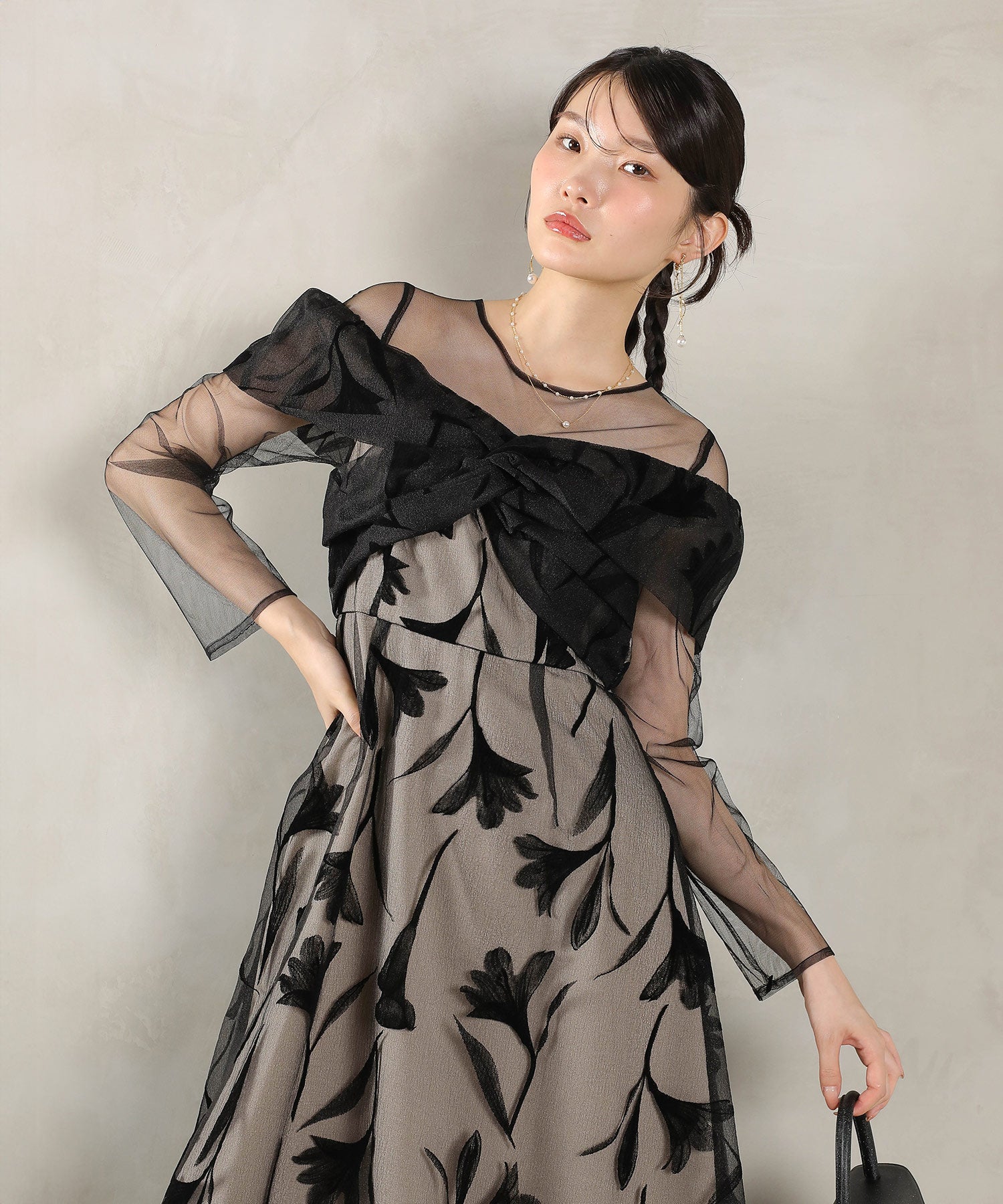 フロッキーレース チュール ボリュームデザイン Aライン ワンピース ドレスパーティー 結婚式 お呼ばれ オケージョン