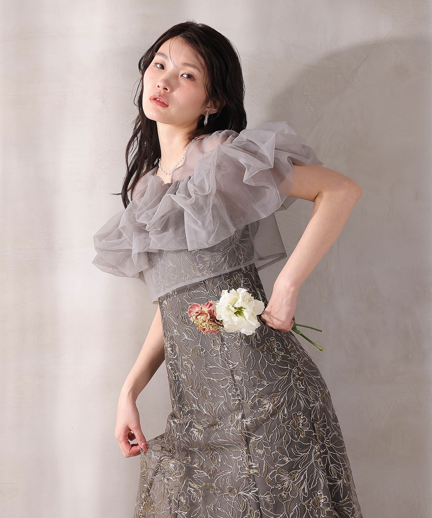 ボリュームボレロ花柄ワンピースドレス 2点セットワンピースドレス