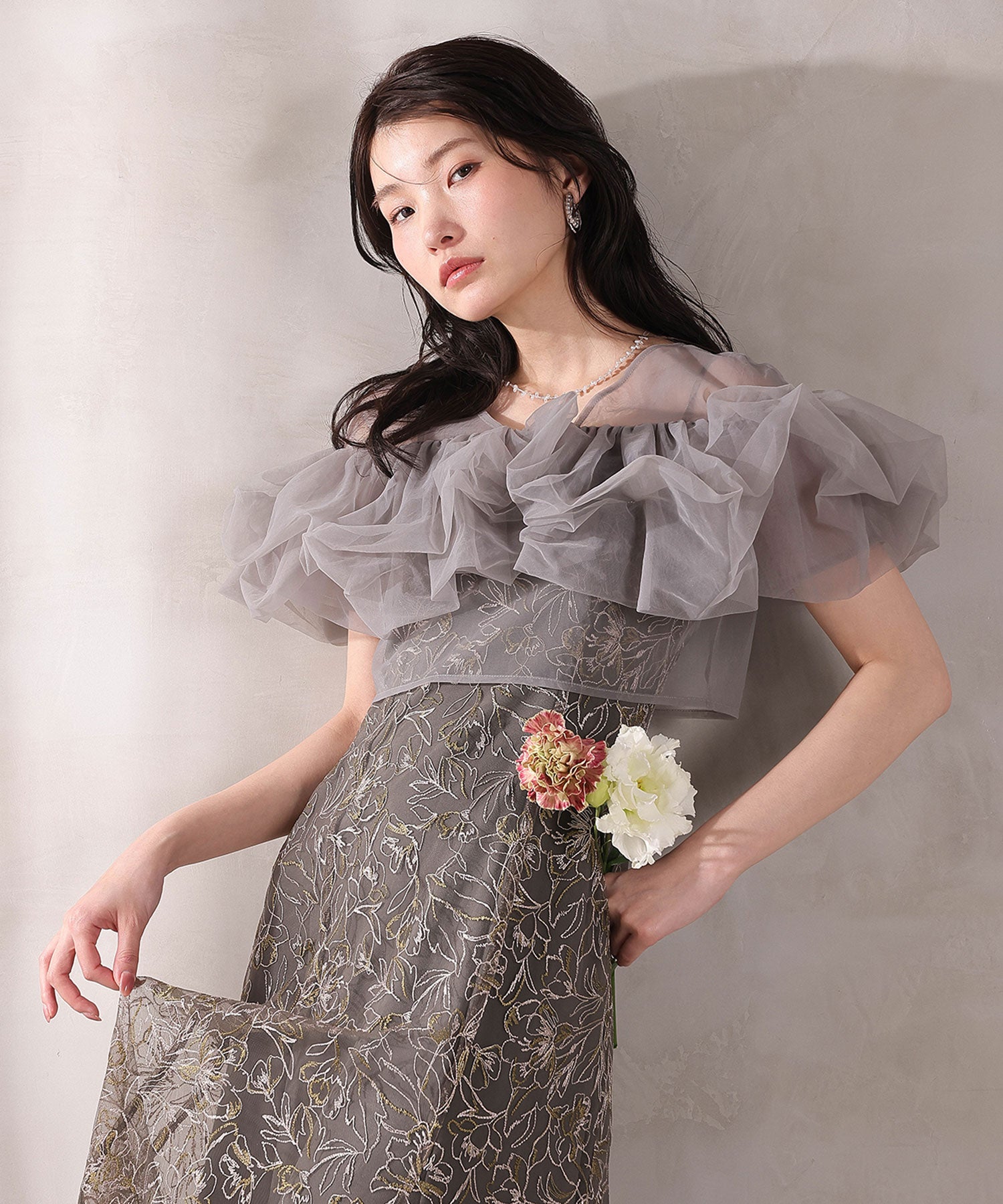 ボリュームボレロ花柄ワンピースドレス 2点セットワンピースドレス