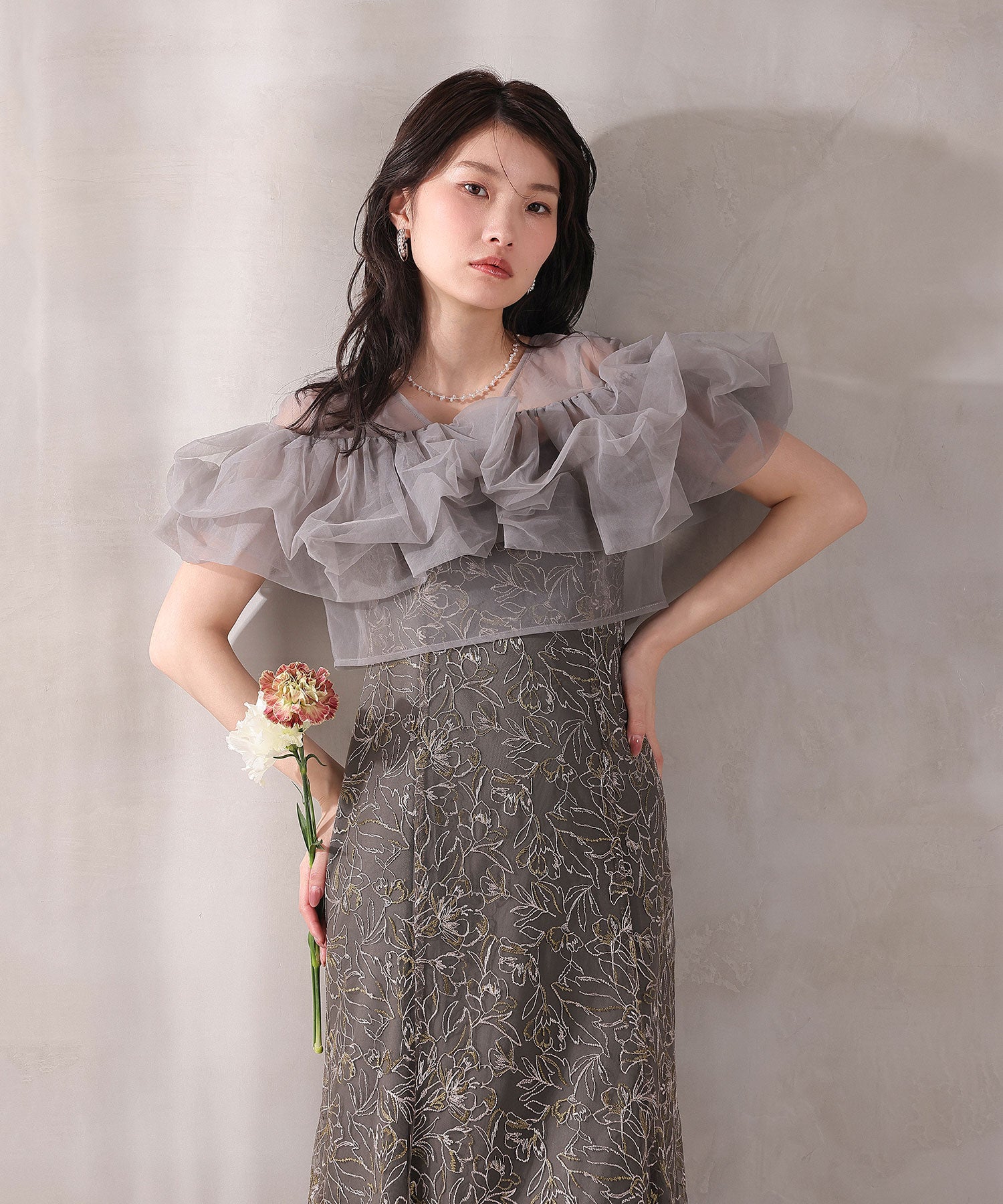 ボリュームボレロ花柄ワンピースドレス 2点セットワンピースドレス