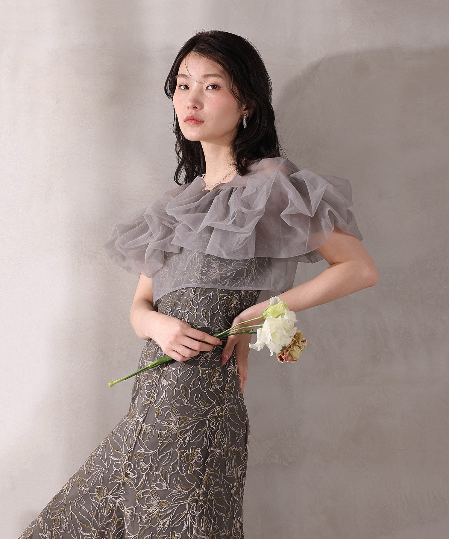 ボリュームボレロ花柄ワンピースドレス 2点セットワンピースドレス