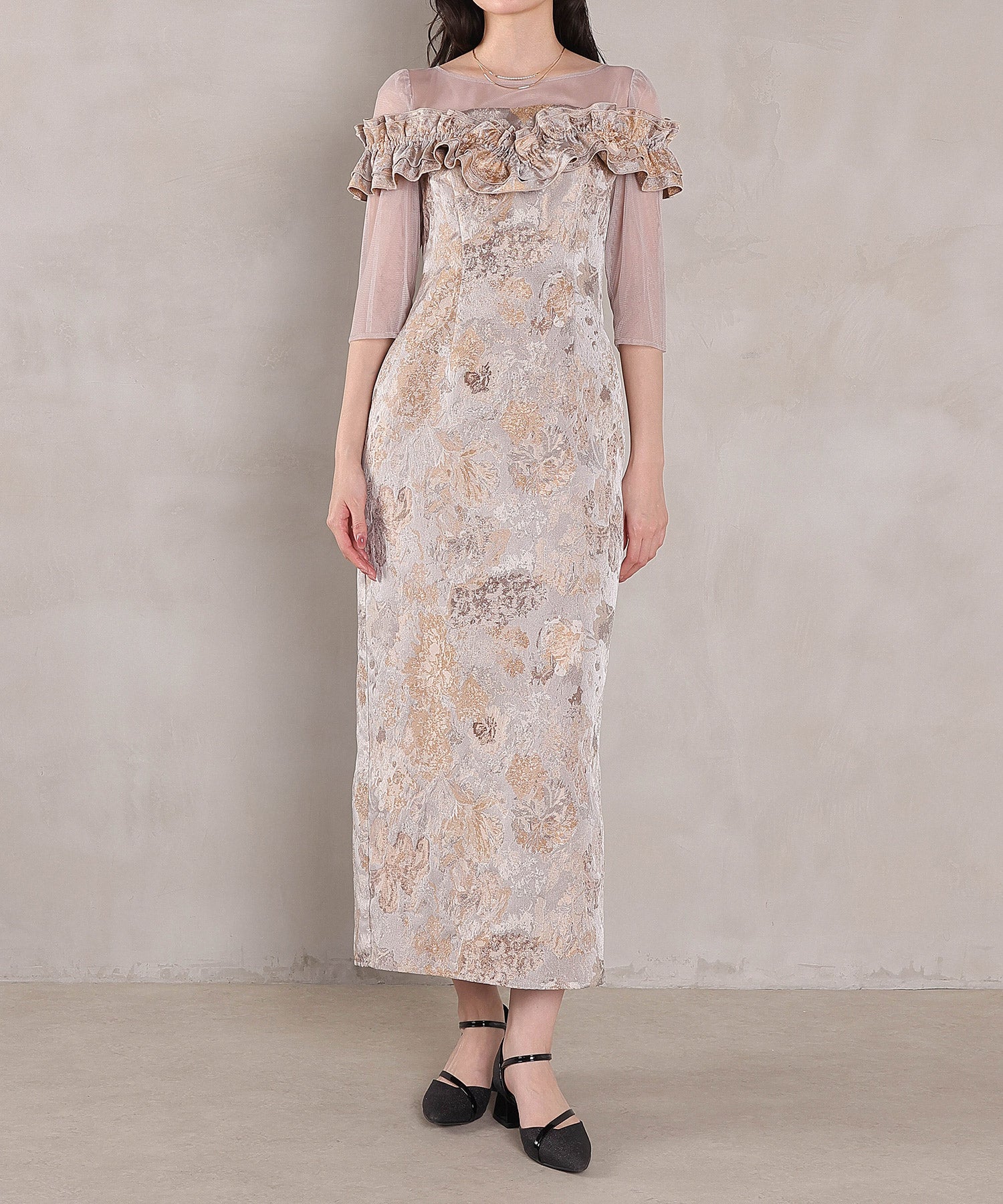 ハートネックフリルジャガードワンピースドレス