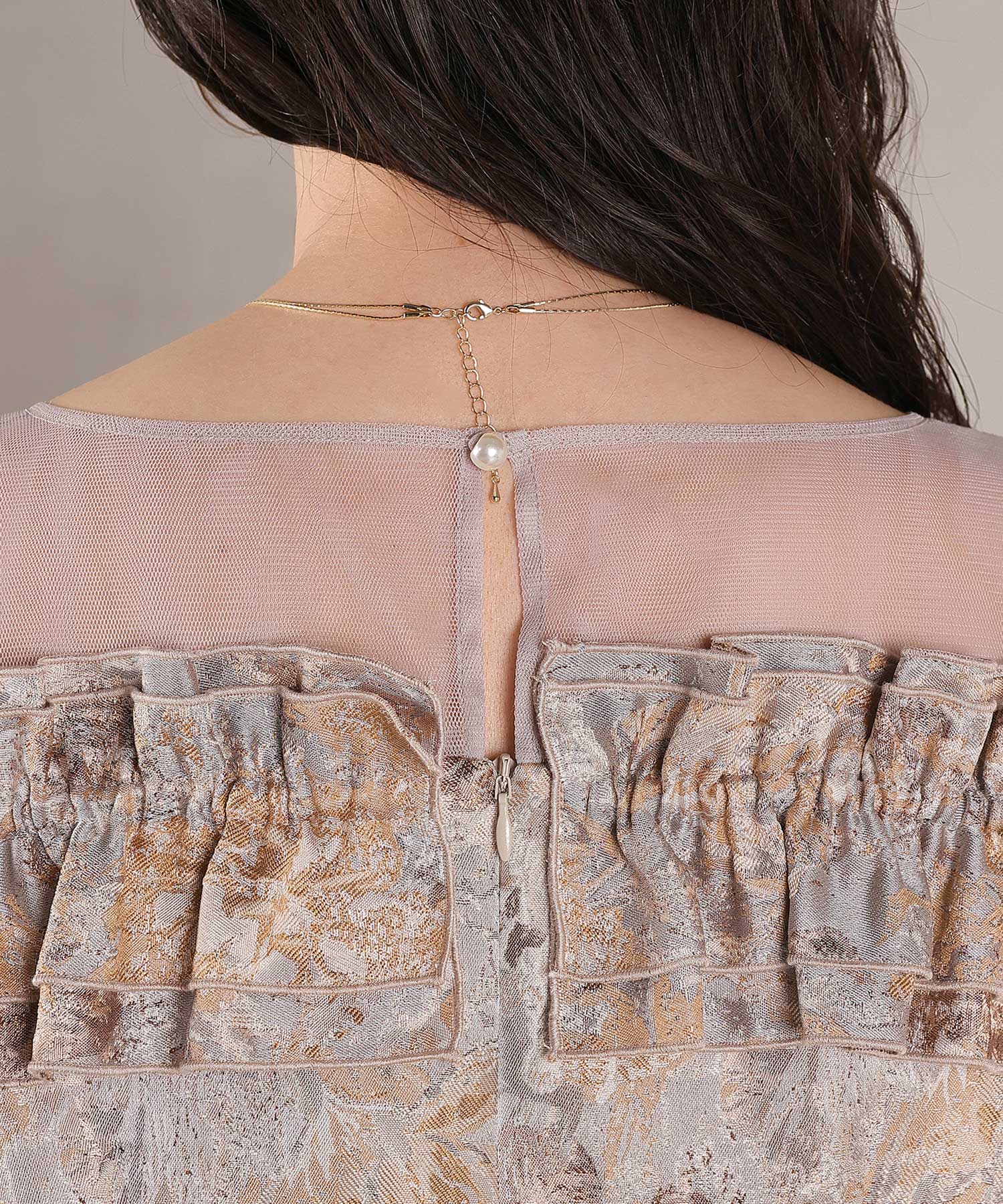 ハートネックフリルジャガードワンピースドレス