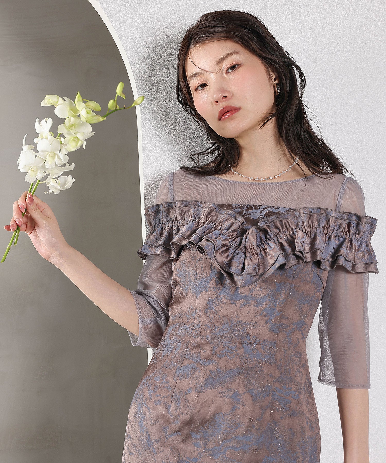 ハートネックフリルジャガードワンピースドレス