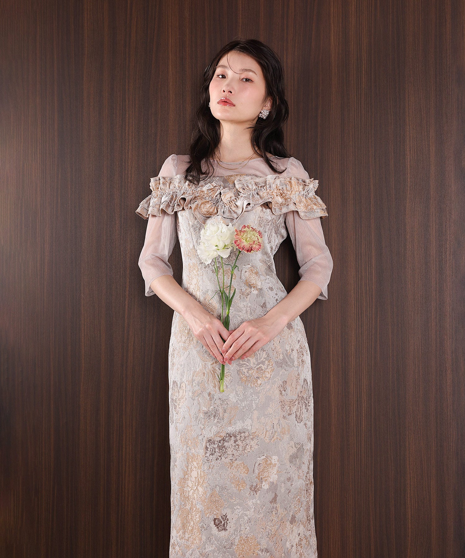 ハートネックフリルジャガードワンピースドレス