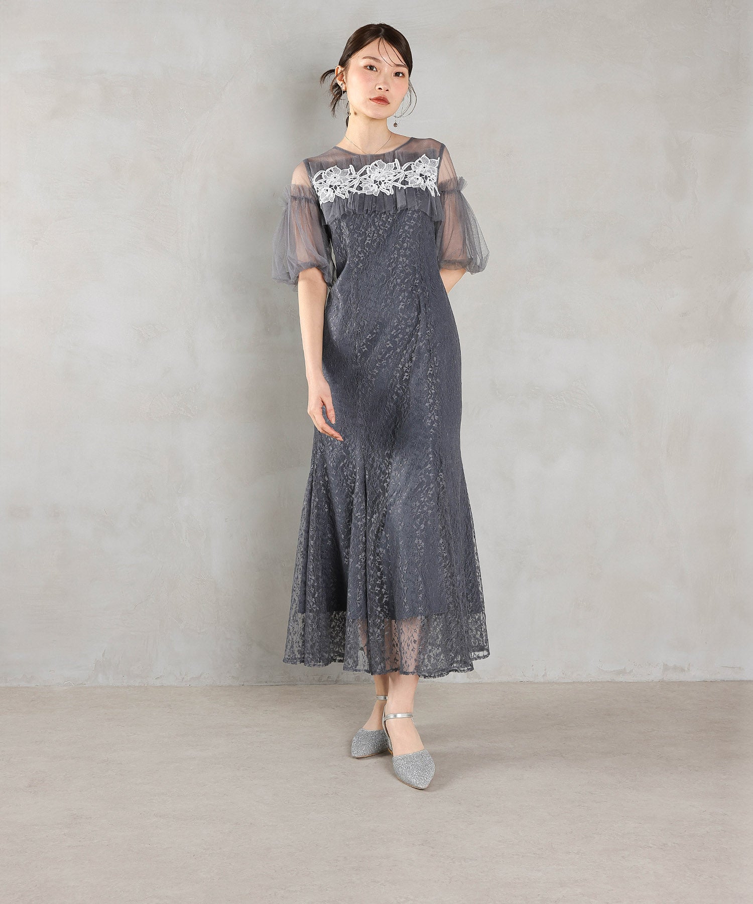 【＊C＊ 】ETRE TOKYO バルーンスリーブ ロングドレス グレー モチーフレース チュールバルーンスリーブ マーメイドライン ドレス