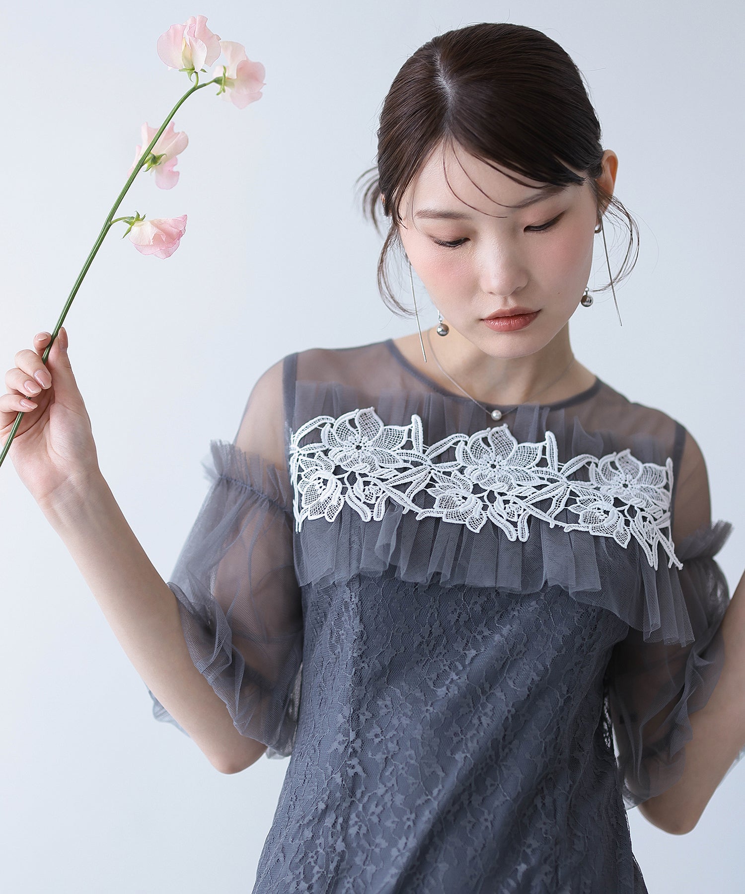 モチーフレース チュールバルーンスリーブ マーメイドライン ドレス パーティー