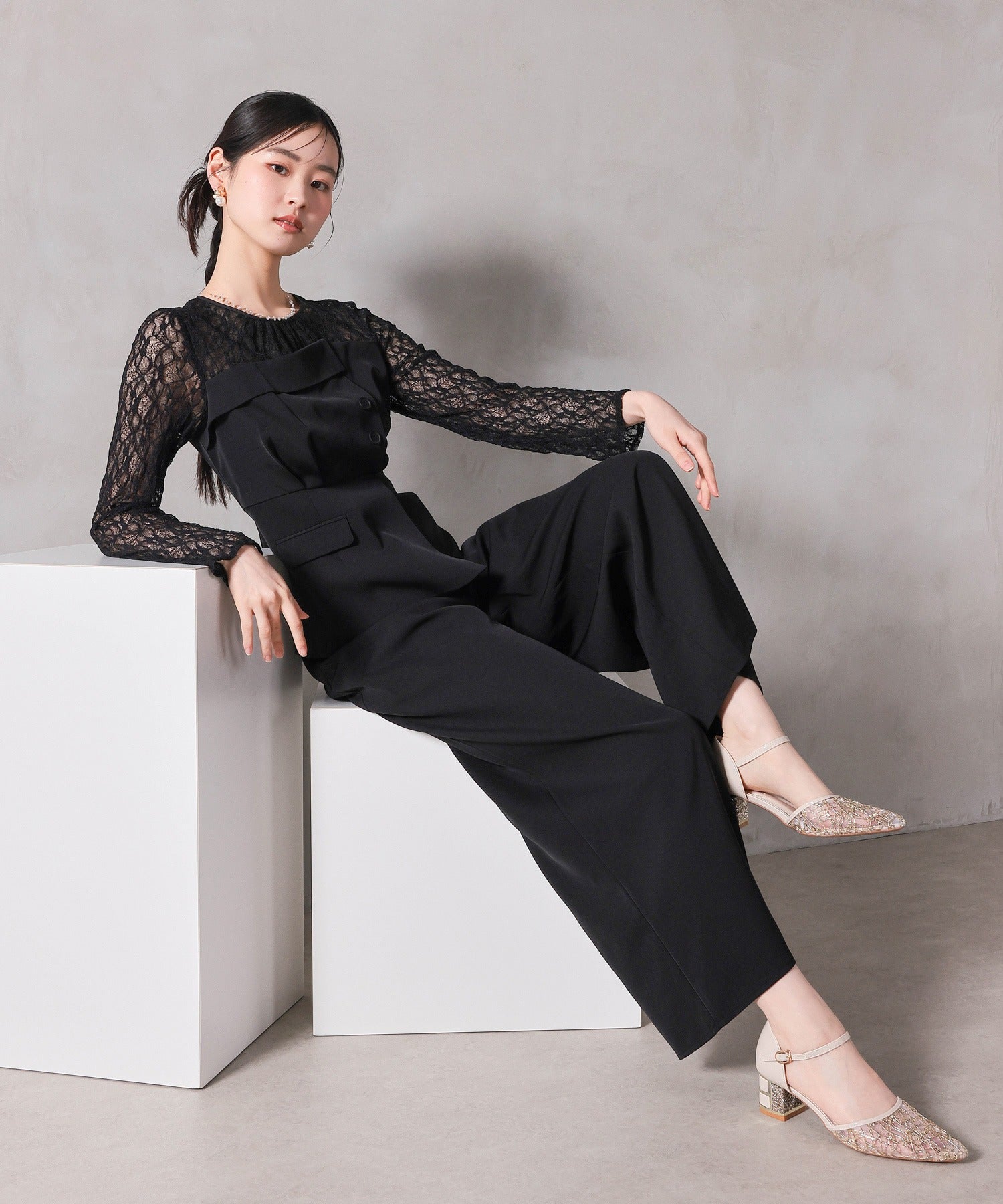 フラワーチュールペプラムビスチェドッキングパンツドレス2点セットアップ