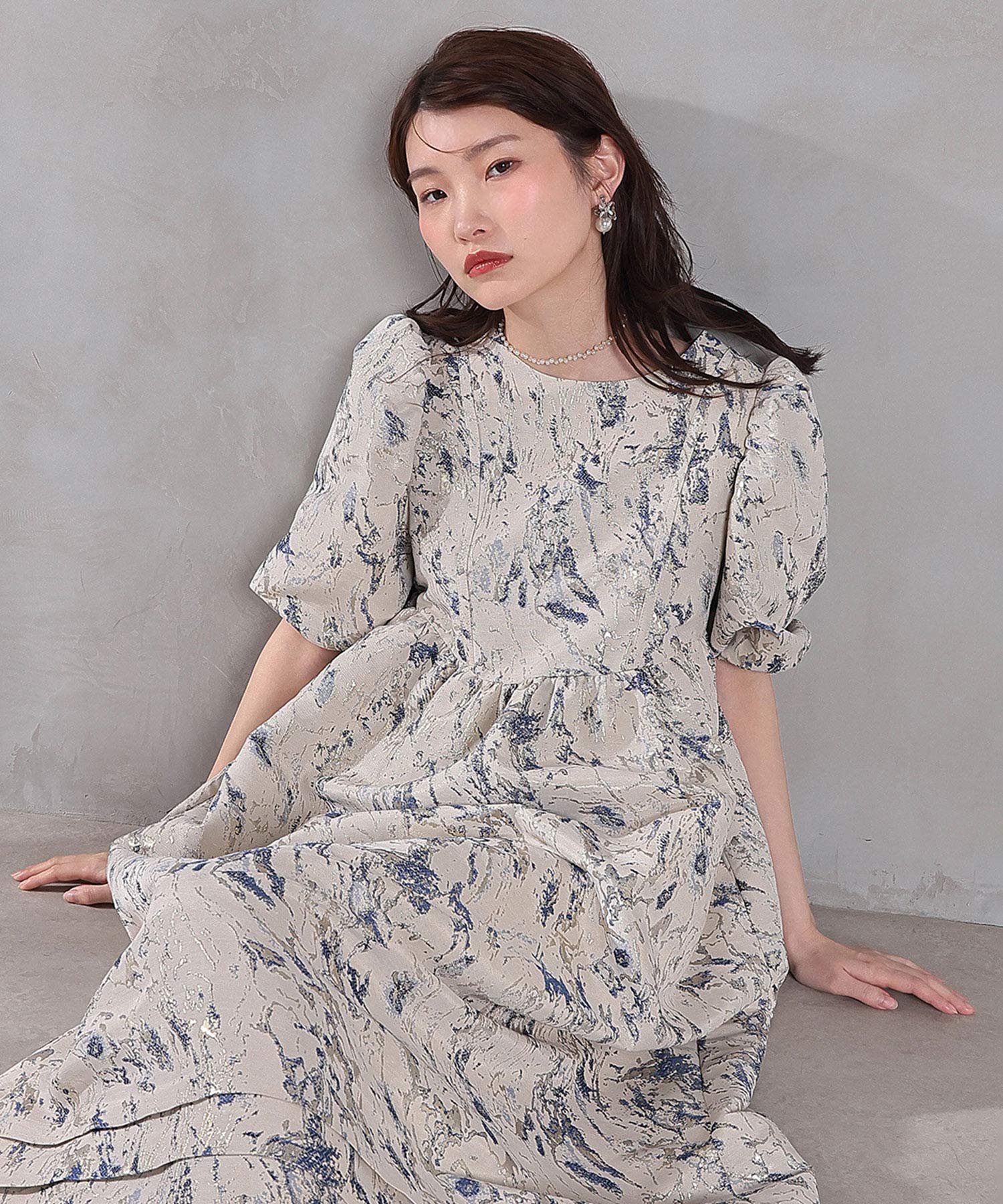マーブルジャガードパフスリーブワンピースドレス