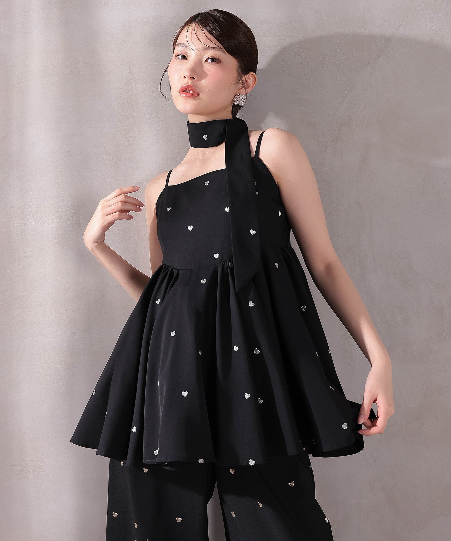 ハート刺繍ペプラムパンツドレス3点セット