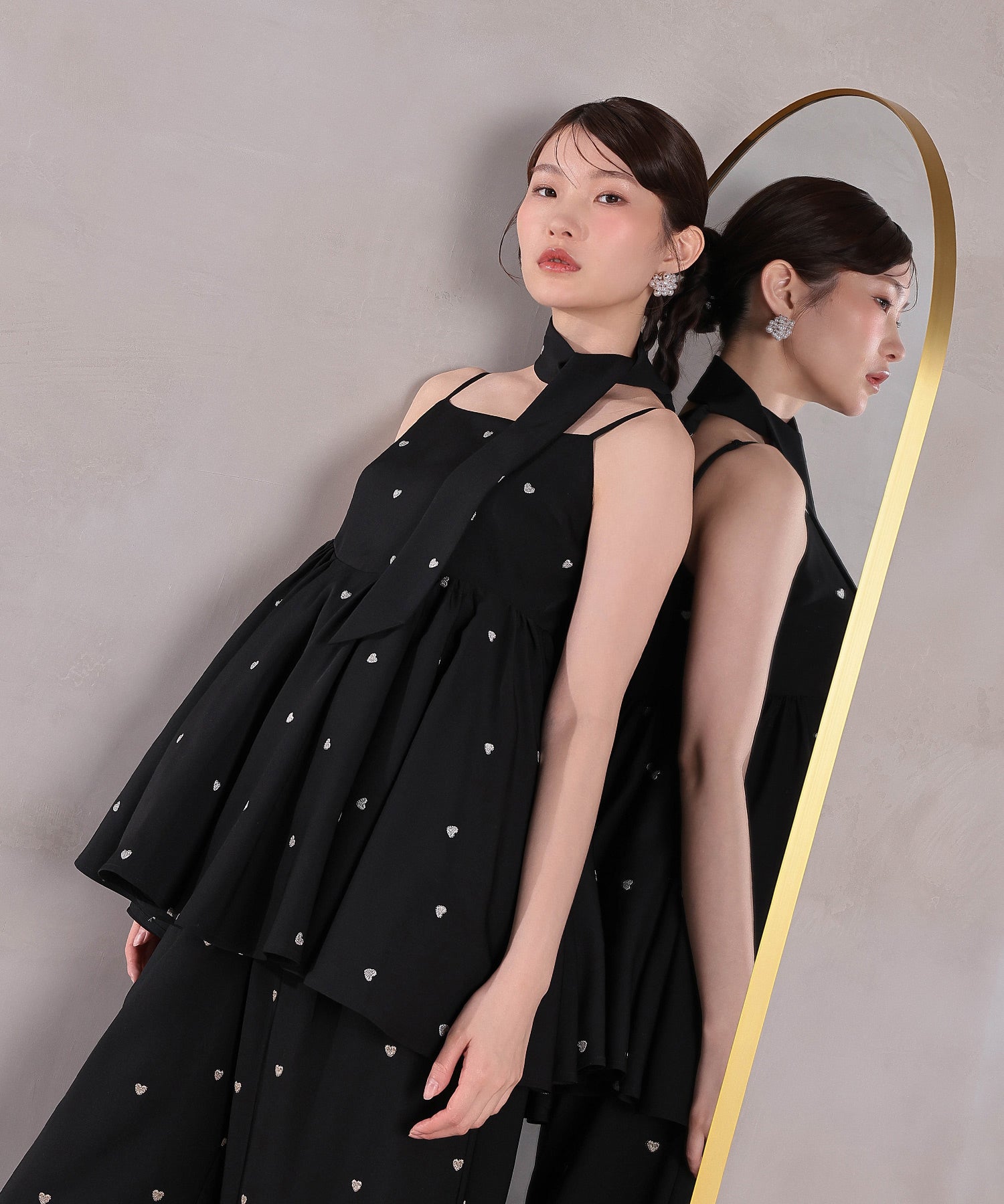 ハート刺繍ペプラムパンツドレス3点セット