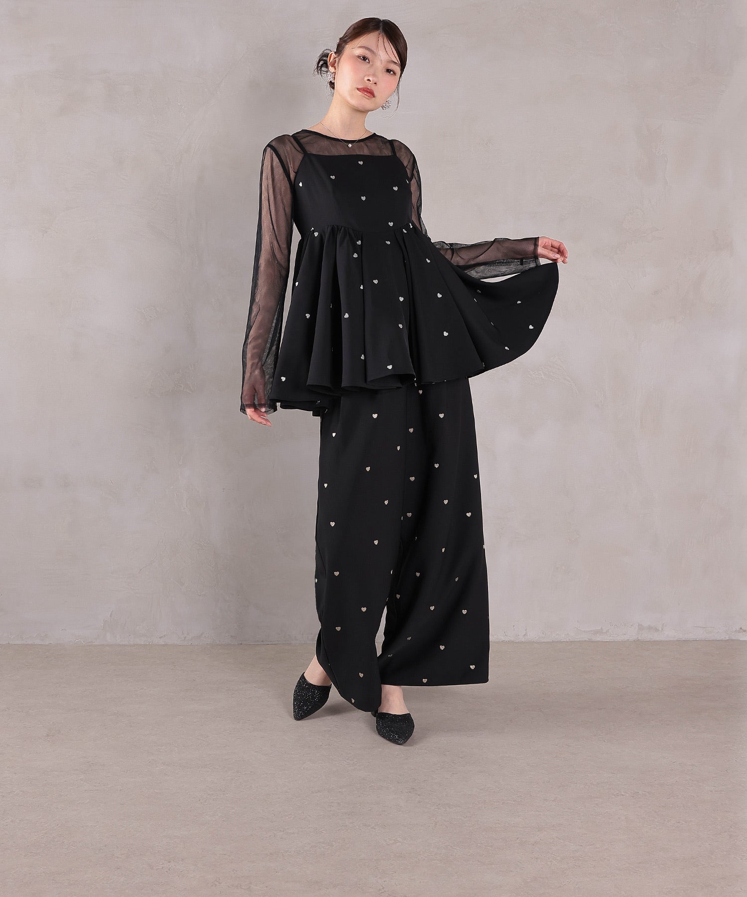 ハート刺繍ペプラムパンツドレス3点セット