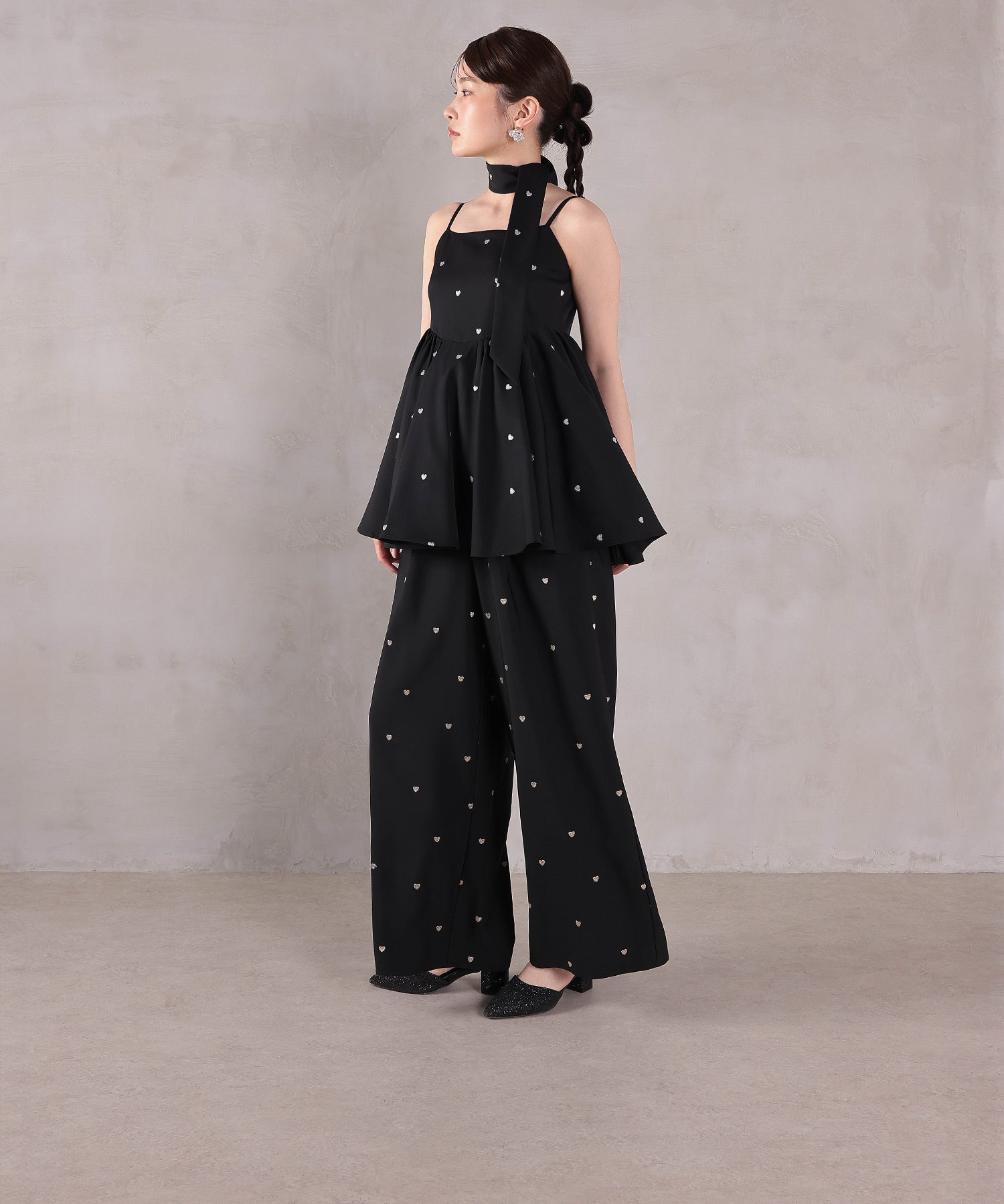 ハート刺繍ペプラムパンツドレス3点セット
