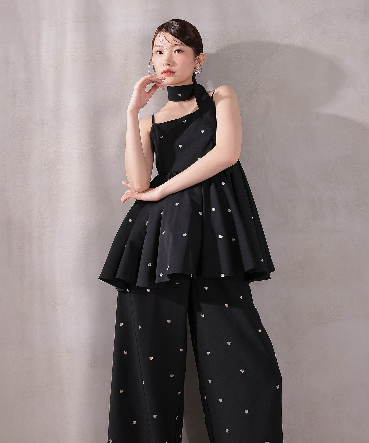 ハート刺繍ペプラムパンツドレス3点セット