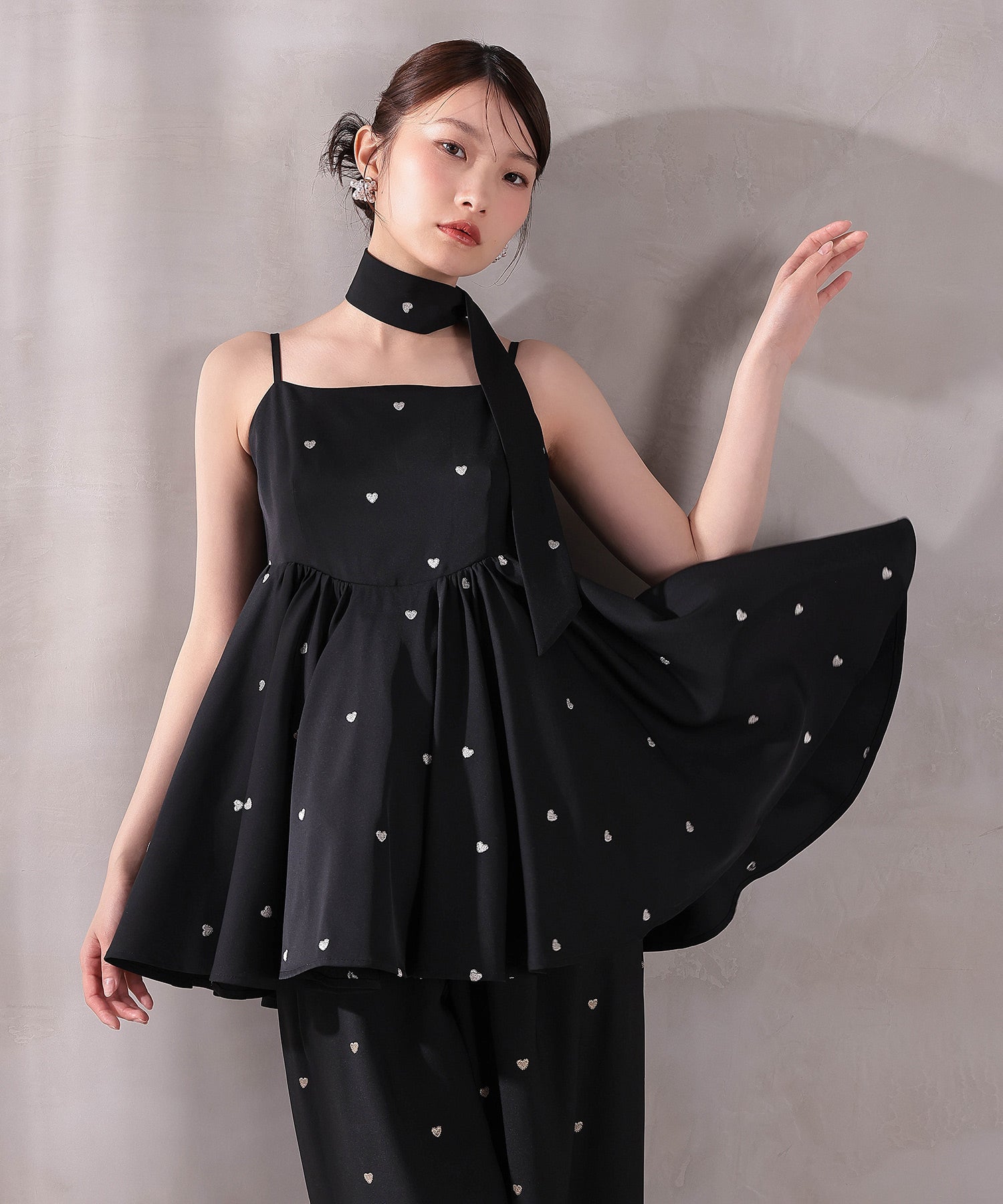 ハート刺繍ペプラムパンツドレス3点セット