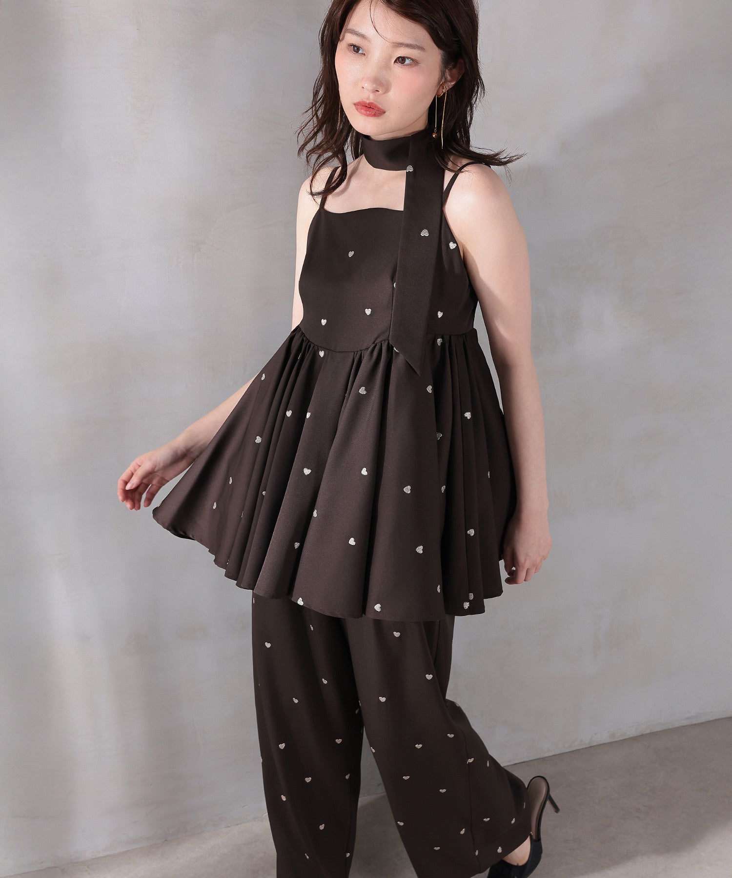 ハート刺繍ペプラムパンツドレス3点セット