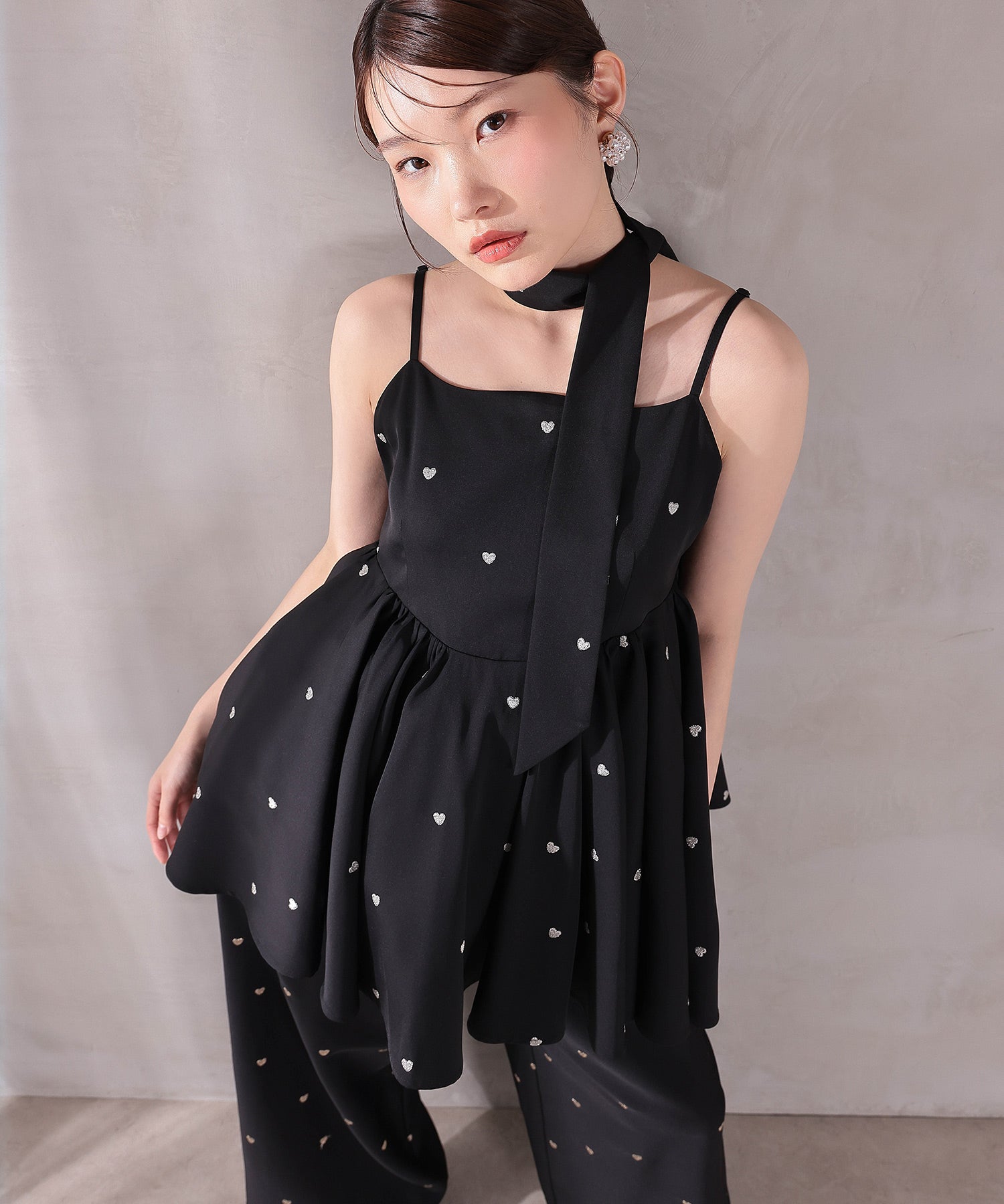 ハート刺繍ペプラムパンツドレス3点セット