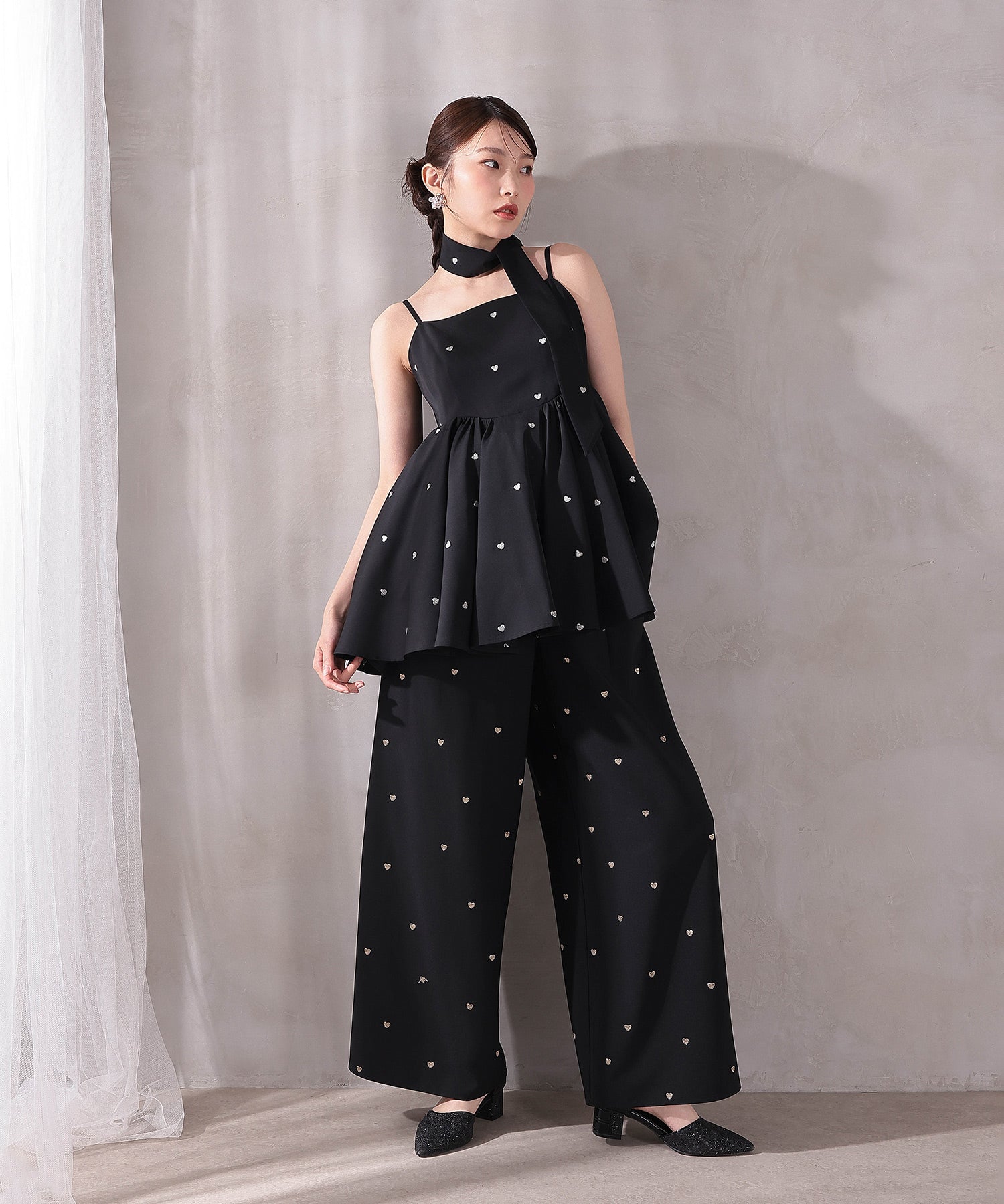 ハート刺繍ペプラムパンツドレス3点セット