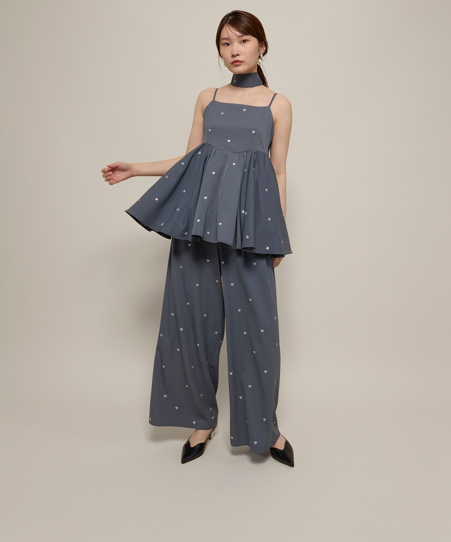 ハート刺繍ペプラムパンツドレス3点セット